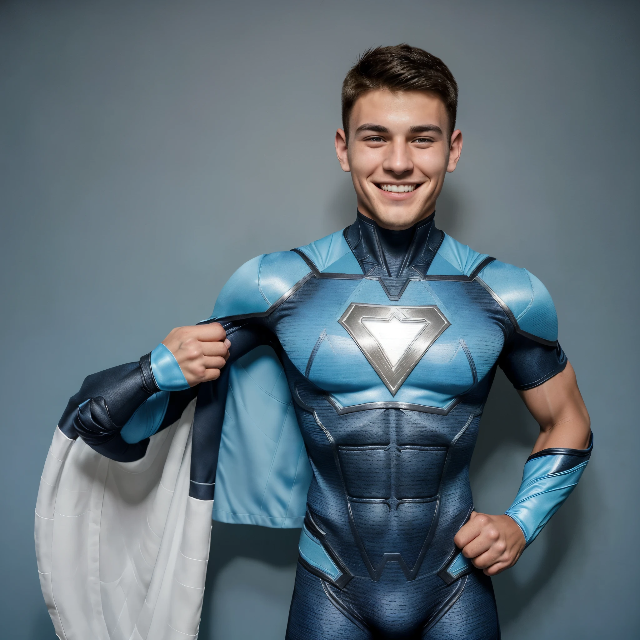 1 handsome boy of around 15 years old, he has a light blue superhero outfit with a black parallel line, is rather athletic, *with a smile is like french crop haircut*(best quality,1realistic boy,1boy,superhero)