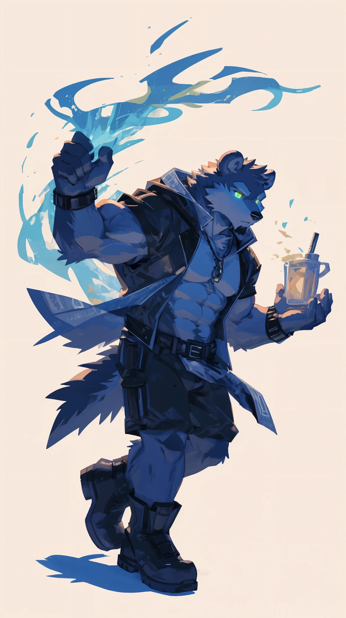 (masterpiece:1.2), best quality,pixiv,official art,perfect anatomy, (Ray tracing, light),solo, (1_male:1.3) , (muscle), (dark fur:1.4), (dynamic poses:1.3), (ultra deTailed), sharp focus, Negi, eyes, (glowing cyan eyes), hairy, (Gray fur:1.4),(muscle bear), (beard:1.2), Tail, Thick eyebrows,open hoodie, naked inside, cargo shorts, boots, ultra deTailed face, high deTails, high quality, (best quality,4K,8K,high resolution,masterpiece:1.2),bright colors, float in the sky, reach hand, (white background:1.3), (light flow:1.3), blue glow