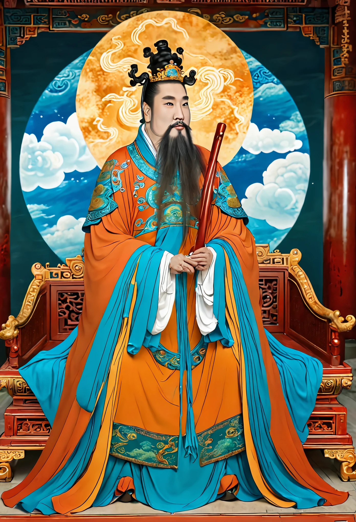 (masterpiece, best quality:1.2), yongle_style,1man,cloud,celestial crown,animated