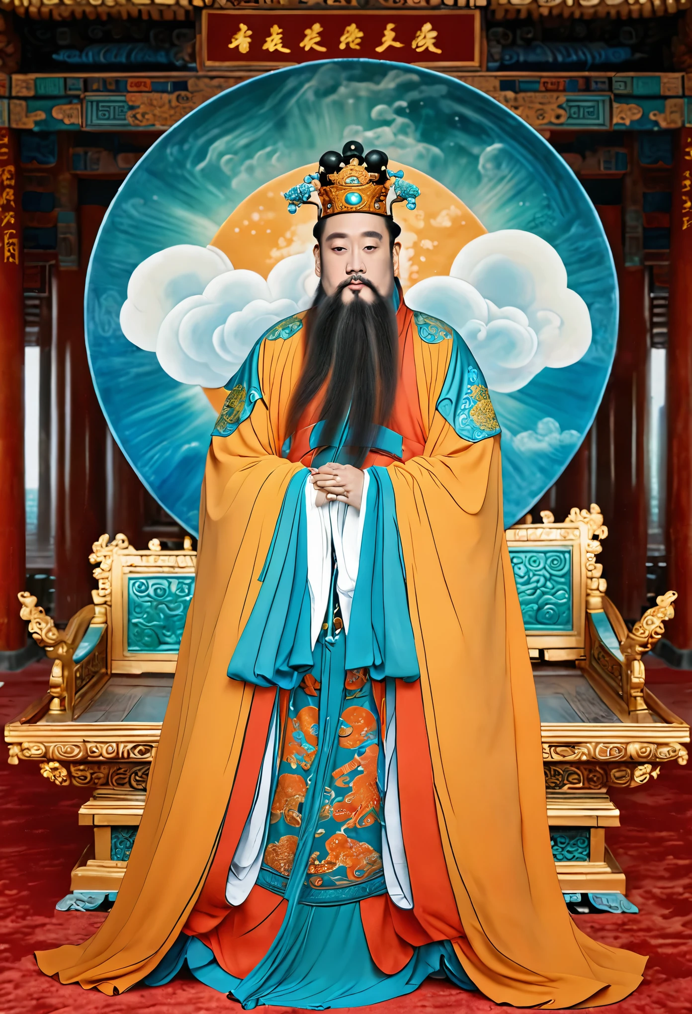 (masterpiece, best quality:1.2), yongle_style,1man,cloud,celestial crown,animated