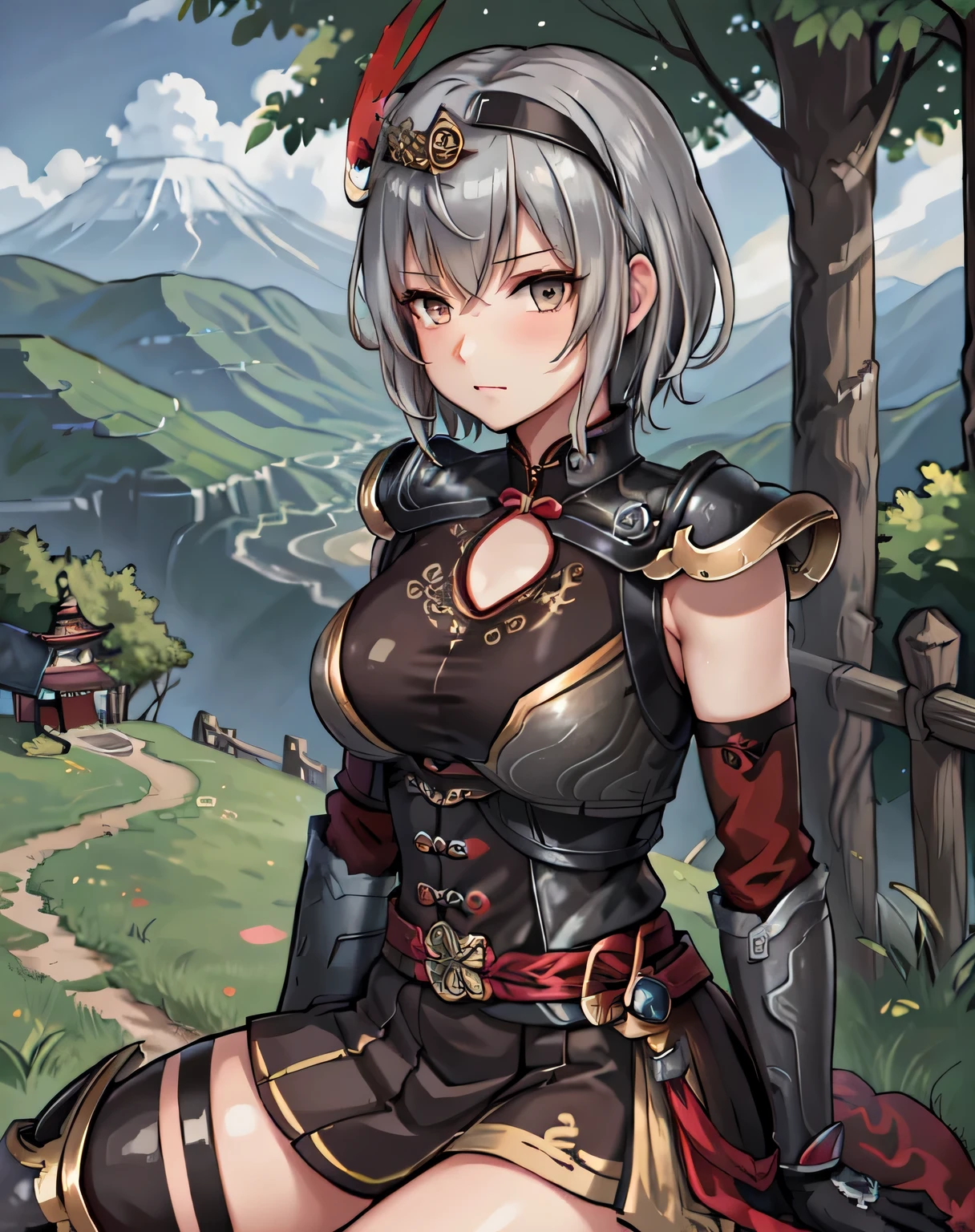 best quality, (masterpiece:1.2), illustration, absurdres,
(1girl, solo), (beautiful detailed girl),
Lu Lingqi, grey hair, brown eyes,  short hair, 
headpiece, feathers,
armored dress, shoulder armor, black skirt, thigh boots, armored boots, gloves, 
grassy mountains, trees, japanese architecture, river, plants,, hands between legs, (upper body, portrait),,
looking at viewer, confident,  proud,