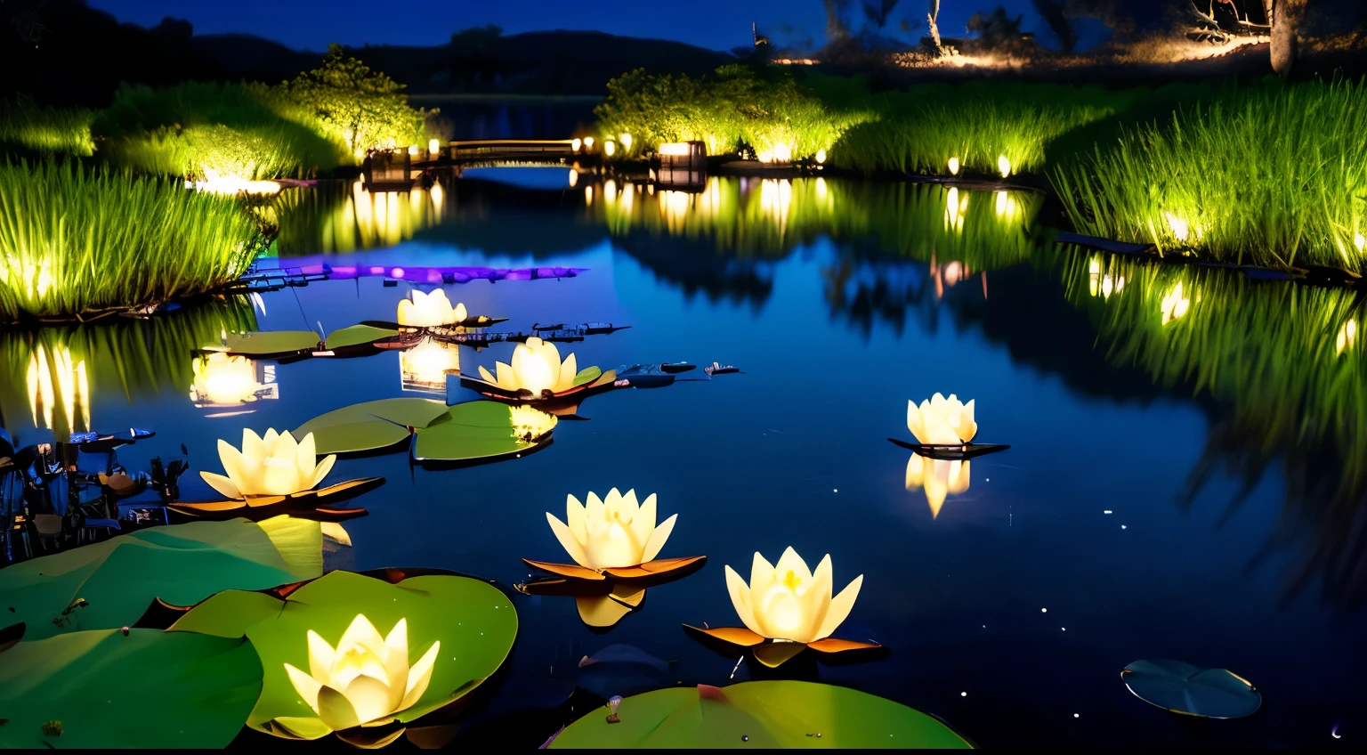 masterpiece, highest quality, ultra-detaileded, (Water lily pond night, pond grass, Stone bridge with lanterns at night, White carp, midnight, beautiful night sky, starry night, Milky Way, surreal landscape, 4k, 8K:1.2), Shadows, contrast, sunny, constellation, milky way, peaceful, calm, quiet, quiet, remote, in the middle of nowhere, intuition, Artistry, Inspiration, beauty, awe, wonder, grateful, grateful, relaxation, fun, rejuvenation, Mindfulness, consciousness, connection, harmony, balance, texture, detailed, realism, depth, perspective, composition, color, light, Shadow, reflection, refraction, tone, contrast, nature, mangrove