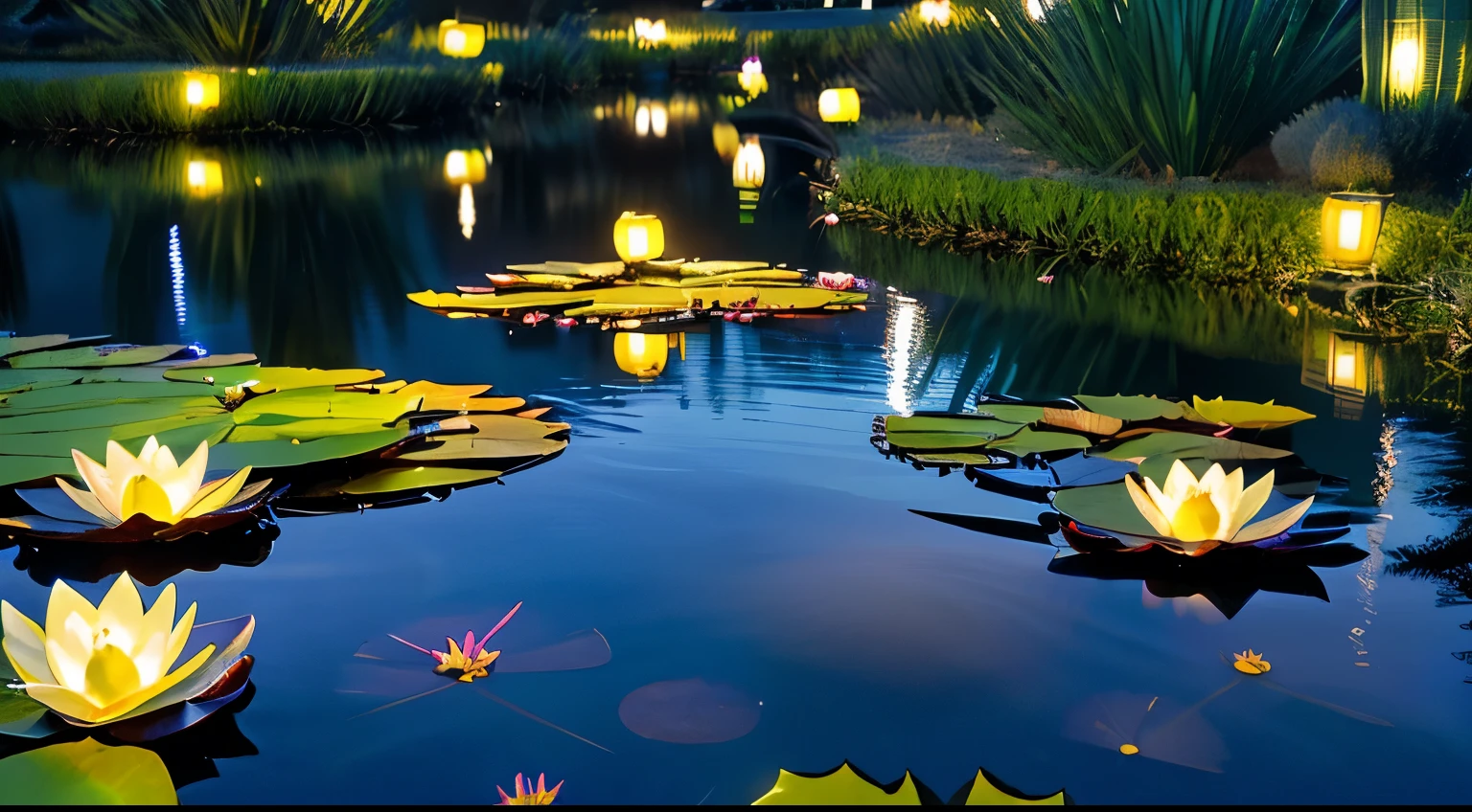 masterpiece, highest quality, ultra-detaileded, (Water lily pond night, pond grass, Stone bridge with lanterns at night, White carp, midnight, beautiful night sky, starry night, Milky Way, surreal landscape, 4k, 8K:1.2), Shadows, contrast, sunny, constellation, milky way, peaceful, calm, quiet, quiet, remote, in the middle of nowhere, intuition, Artistry, Inspiration, beauty, awe, wonder, grateful, grateful, relaxation, fun, rejuvenation, Mindfulness, consciousness, connection, harmony, balance, texture, detailed, realism, depth, perspective, composition, color, light, Shadow, reflection, refraction, tone, contrast, nature, mangrove