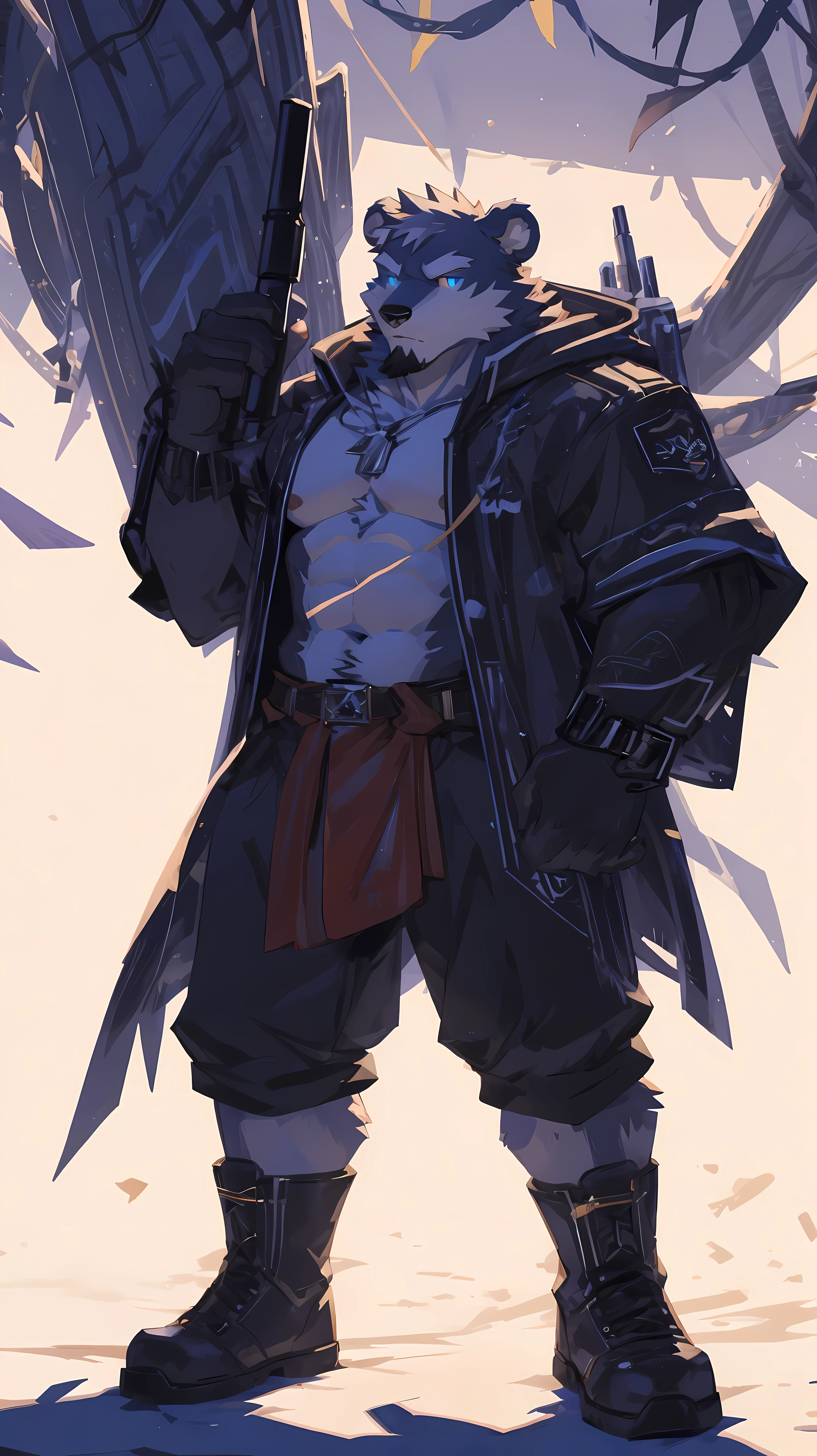 (masterpiece:1.2), best quality,pixiv,official art,perfect anatomy, (Ray tracing, light),solo, (1_male:1.3) , (muscle), (dark fur:1.4), (dynamic poses:1.3), (ultra deTailed), sharp focus, Negi, eyes, (glowing cyan eyes), hairy, (Gray fur:1.4),(muscle bear), (beard:1.2), Tail, Thick eyebrows,open hoodie, naked inside, cargo shorts, boots, ultra deTailed face, high deTails, high quality, (best quality,4K,8K,high resolution,masterpiece:1.2),bright colors, float in the sky, reach hand, (white background:1.3), (light flow:1.3), blue glow