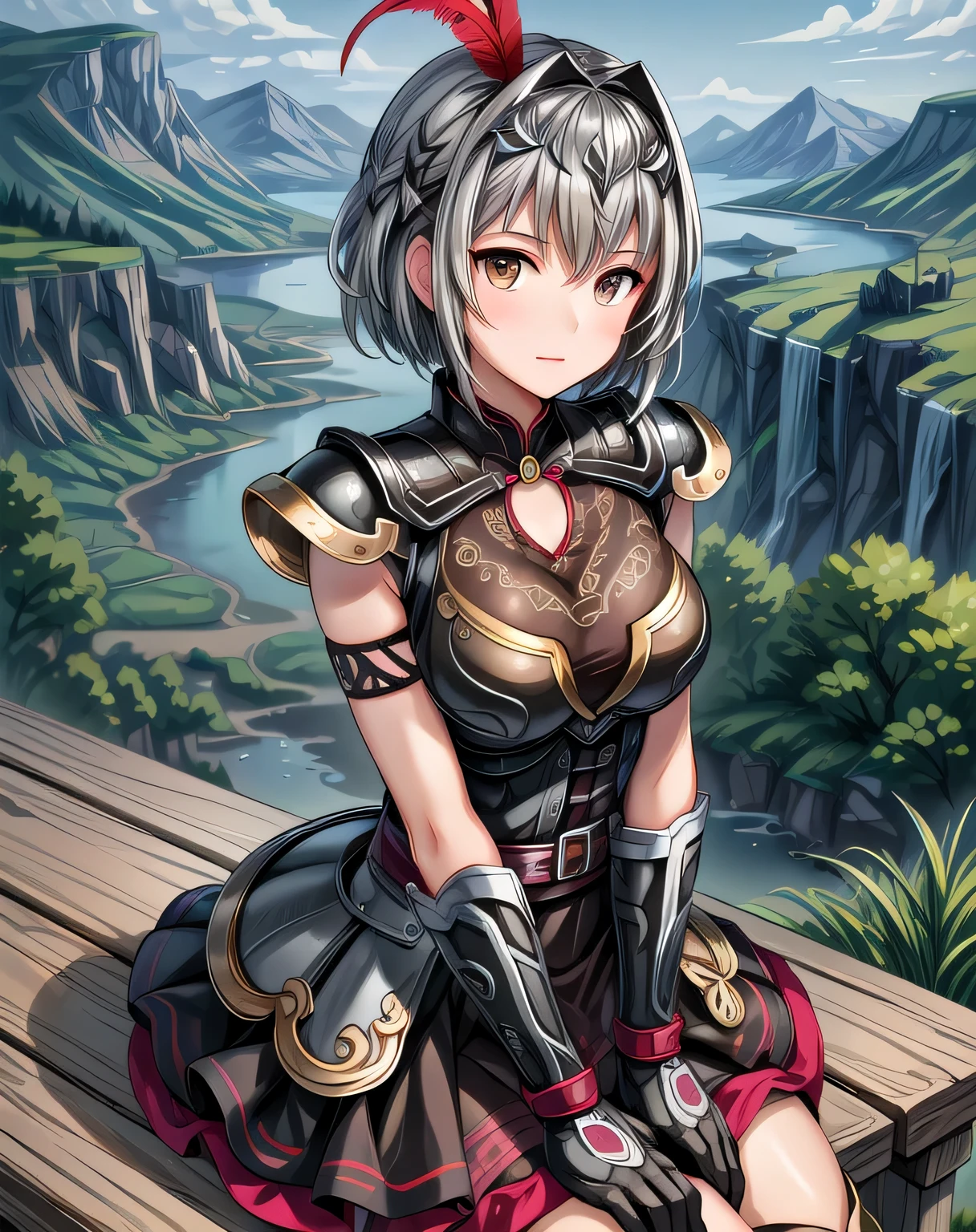 best quality, (masterpiece:1.2), illustration, absurdres,
(1girl, solo), (beautiful detailed girl),
Lu Lingqi, grey hair, brown eyes,  short hair, 
headpiece, feathers,
armored dress, shoulder armor, black skirt, thigh boots, armored boots, gloves, 
grassy mountains, trees, japanese architecture, river, plants,, hands between legs, (upper body, portrait),,
looking at viewer, confident,  proud,