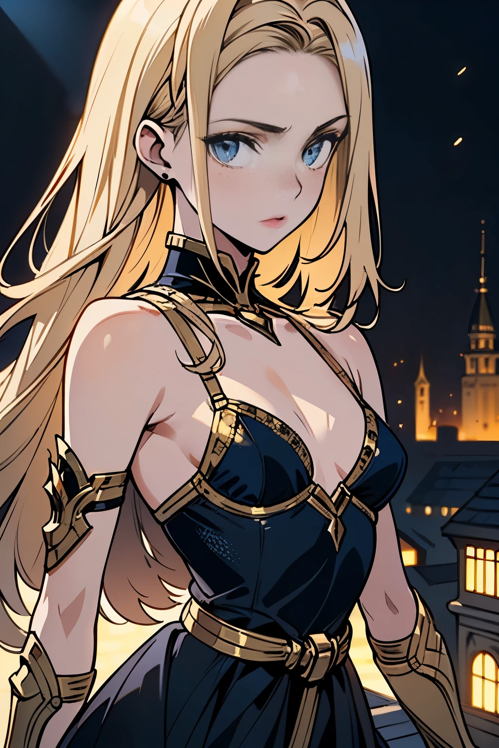photo of 1girl in, ager, Solo, Aesthetic artwork, (blond, straight blonde hair, super long blonde hair:1.35), ((portrait)), ((light blue eyes, small freckles, pale skin:1.2)), (thin hips, thin waist, runners body: 1.25), (A-cup, small breasts: 1.4), (wearing an elegant gold armor, full dress armor: 1.5)), (high detailed castle rooftop: 1.3), (realistic photo, best quality, detailed), (8k wallpaper), (cinematic lighting, dramatic lighting) (sharp focus, intricate)