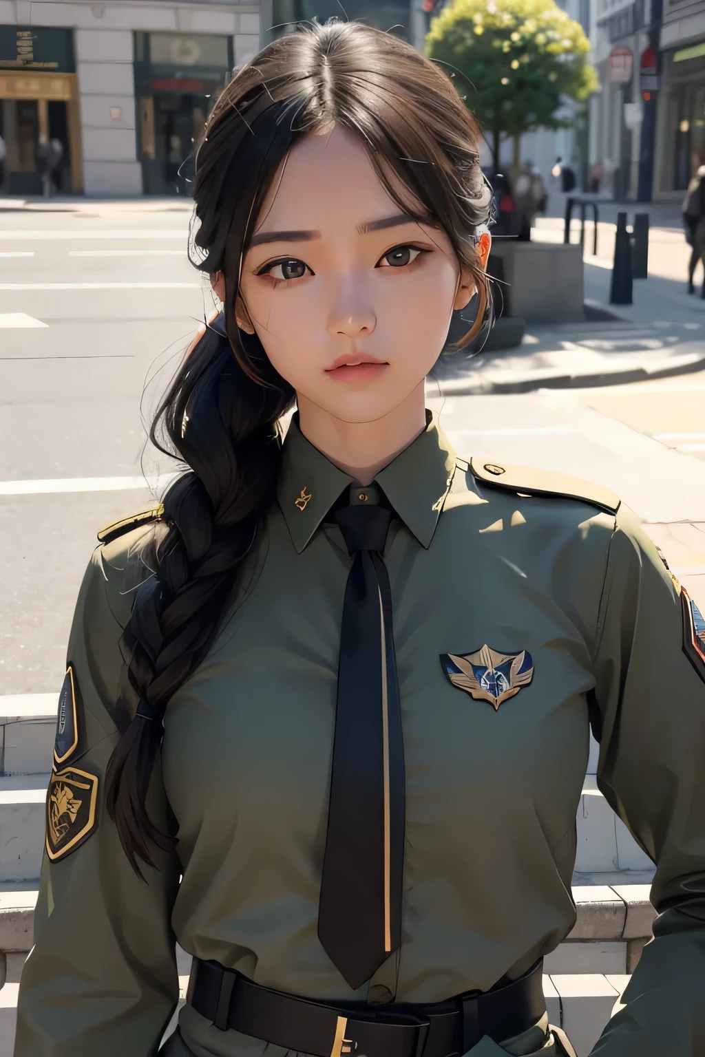 1 girl, female soldier，uniform，Dark green uniform，fabric texture: armed police uniform，pure white lining，Dark green tie，black hair，golden ratio,[:(detailed face:1.2):0.2]:,Pueros face_V1, Red Flag，inside the four，Nice views，bright sun，upper body photo，put your hand on your chest， high street