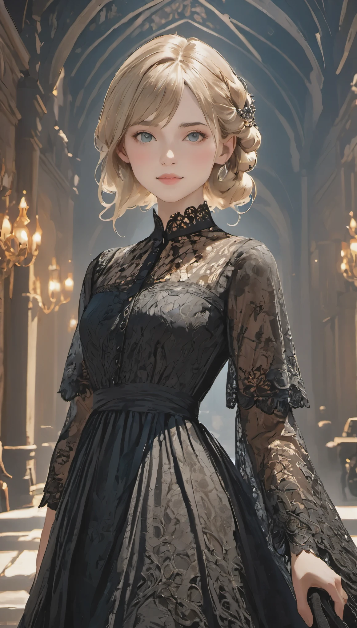 female adventurer, full body, Game Art Style, (masterpiece),  highest quality, High resolution, 4k, 8K, Detail view, intricate details, cinematic lighting, amazing quality, 1 girl、Elegant black lace style dress、Dense and artistic lace black line dress、pretty dress、Super Luxury Dresses、ash blonde hair, great shading, soft lighting, Face-to-face camera, perfect eyes