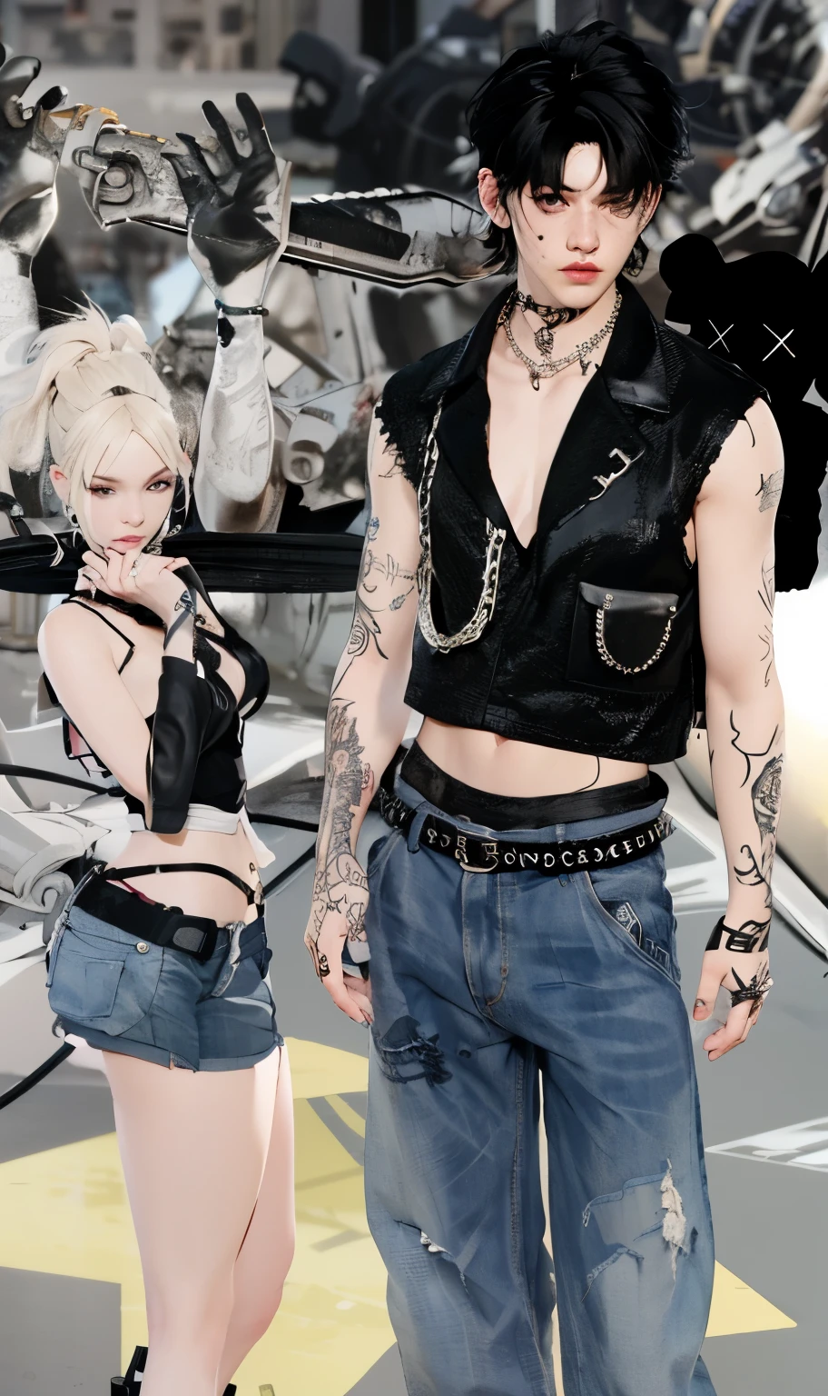 there is a 3d image of a man and a woman standing together, mechanic punk outfit, imvu, punk outfit, dressed in crustpunk clothing, punk style, grungy gothic, dressed in punk clothing, diesel punk female, die antwoord style wear, wearing punk clothing, retro punk, bra and shorts streetwear, punk inspired, wearing a punk outfit
