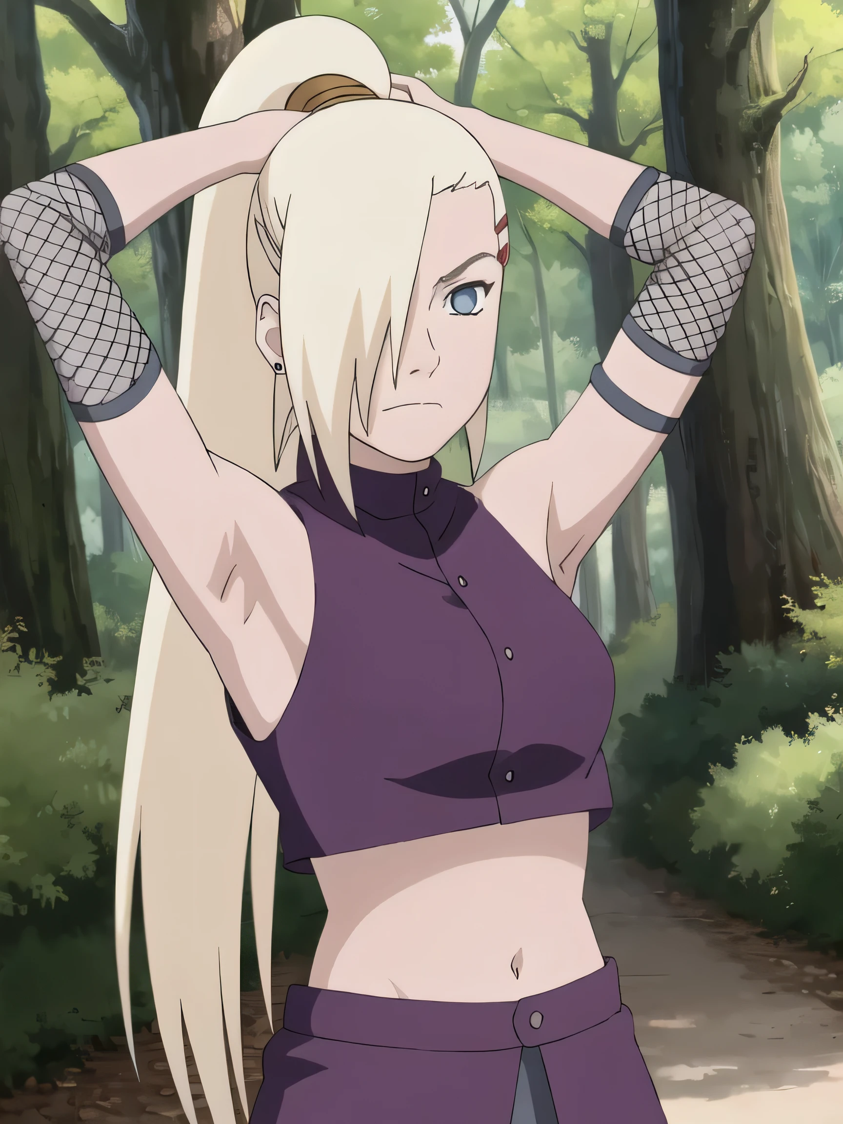 1girl, solo, blue eyes, ponytail, hair over one eye, hairclip, earrings, looking at viewer, long hair, blonde hair, outdoors, forest, closed mouth, sleeveless shirt, bare shoulders, ninja, upper body, midriff, navel, fishnets, arms up, armpits, showing armpits, masterpiece, by masashi kishimoto