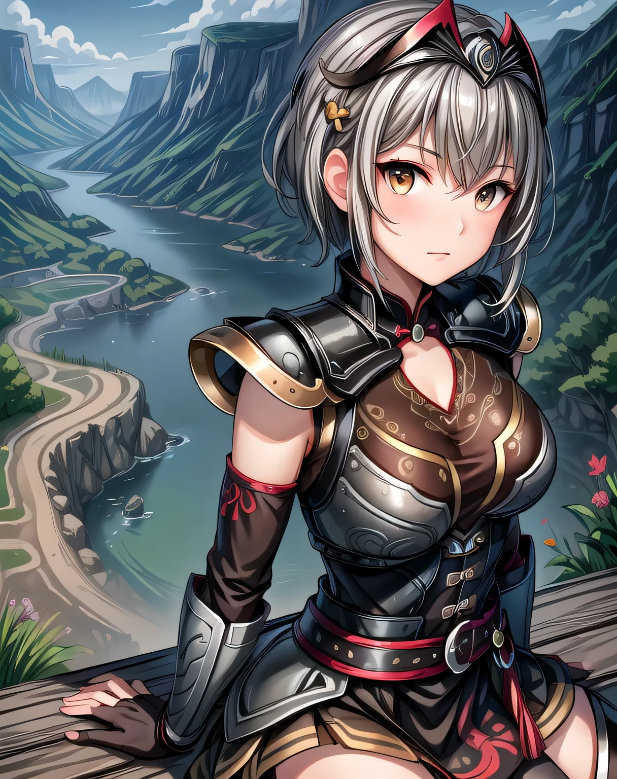 best quality, (masterpiece:1.2), illustration, absurdres,
(1girl, solo), (beautiful detailed girl),
Lu Lingqi, grey hair, brown eyes, short hair,
headpiece, feathers,
armored dress, shoulder armor, black skirt, thigh boots, armored boots, gloves,
grassy mountains, trees, japanese architecture, river, plants,, hands between legs, (upper body, portrait),,
looking at viewer, confident, proud,