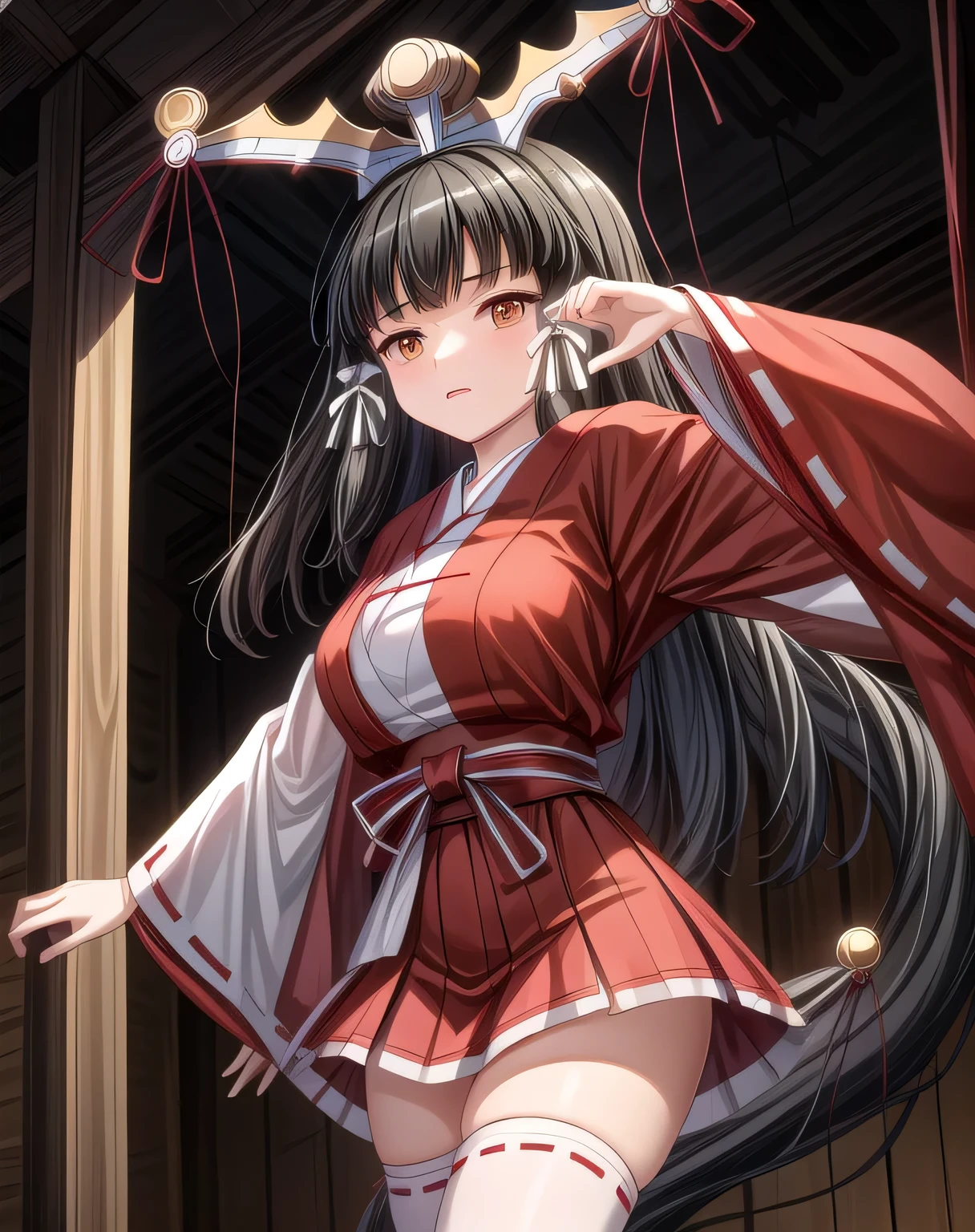Short age miko in traditional Miko Shintō clothing, cuidando flores en su templo, ella es de piel oscura, long loose dark brown hair with bangs and deep amber eyes