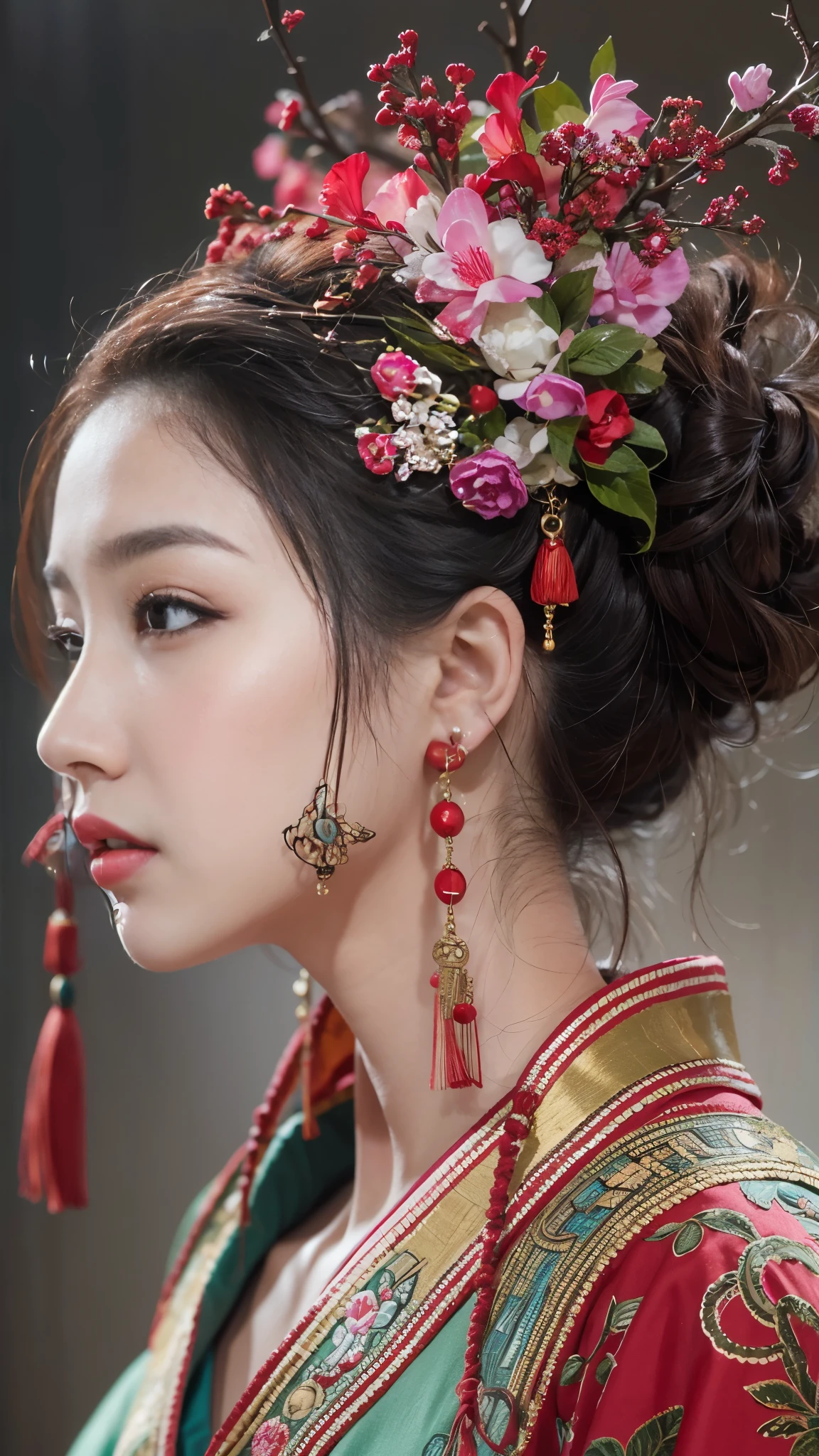 realistic, Highly Detailed CG Integrated 8 thousand Dendenden Wallpapers, Detail, High quality RAW color photos, professional photography, (8 thousand, RAW photos, best quality, table 탑: 1.2), high quality, hyper, pale face, red lips, 8 thousand, chinese makeup, open shoulder, colorful eye makeup, profile, table, wearing ancient chinese clothes, dynasty princess, 꽃과 함께 table에 앉아 있는, (1 woman), (table에 앉아 있는 여자 profile:1.3), (Blur the background), (완벽한 여자 profile:1.4), Concentration, reply, Look at it from the side, Beautiful profile view, Woman in her 30s,