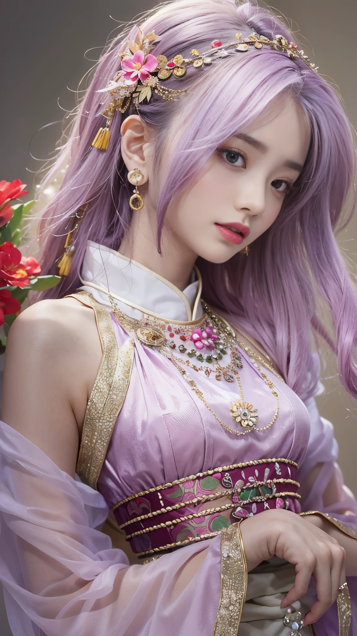 realistic, Highly Detailed CG Integrated 8 thousand Dendenden Wallpapers, Detail, High quality RAW color photos, professional photography, (8 thousand, RAW photos, best quality, table 탑: 1.2), high quality, hyper, pale face, red lips, 8 thousand, chinese makeup, open shoulder, colorful eye makeup, profile, table, wearing ancient chinese clothes, dynasty princess, 꽃과 함께 table에 앉아 있는, (1 woman), (table에 앉아 있는 여자 profile:1.3), (Blur the background), (완벽한 여자 profile:1.4), Concentration, reply, Look at it from the side, Beautiful profile view,