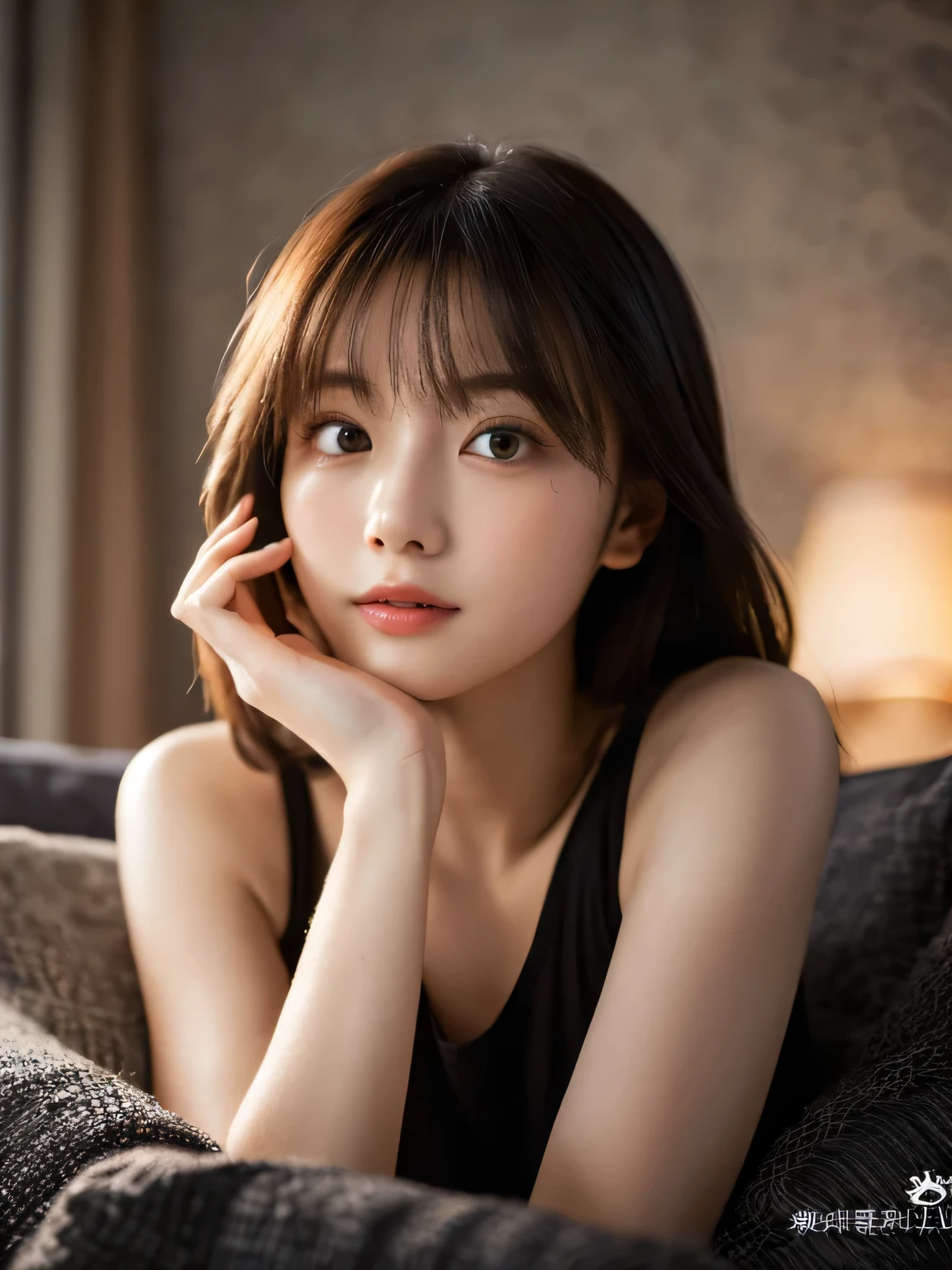 highest quality, masterpiece, incredibly beautiful, Very delicate 8K wallpaper, Super beautiful girl, girl watching tv on the sofa, Japanese, 20-year-old, sexy pajamas, Wariza,very small and cute eyes, cherry heart shaped lips, ((night room)), ((dark light)), dark illumination, fine eyes, detailed facial features, fine arms, fine fingers, fine legs