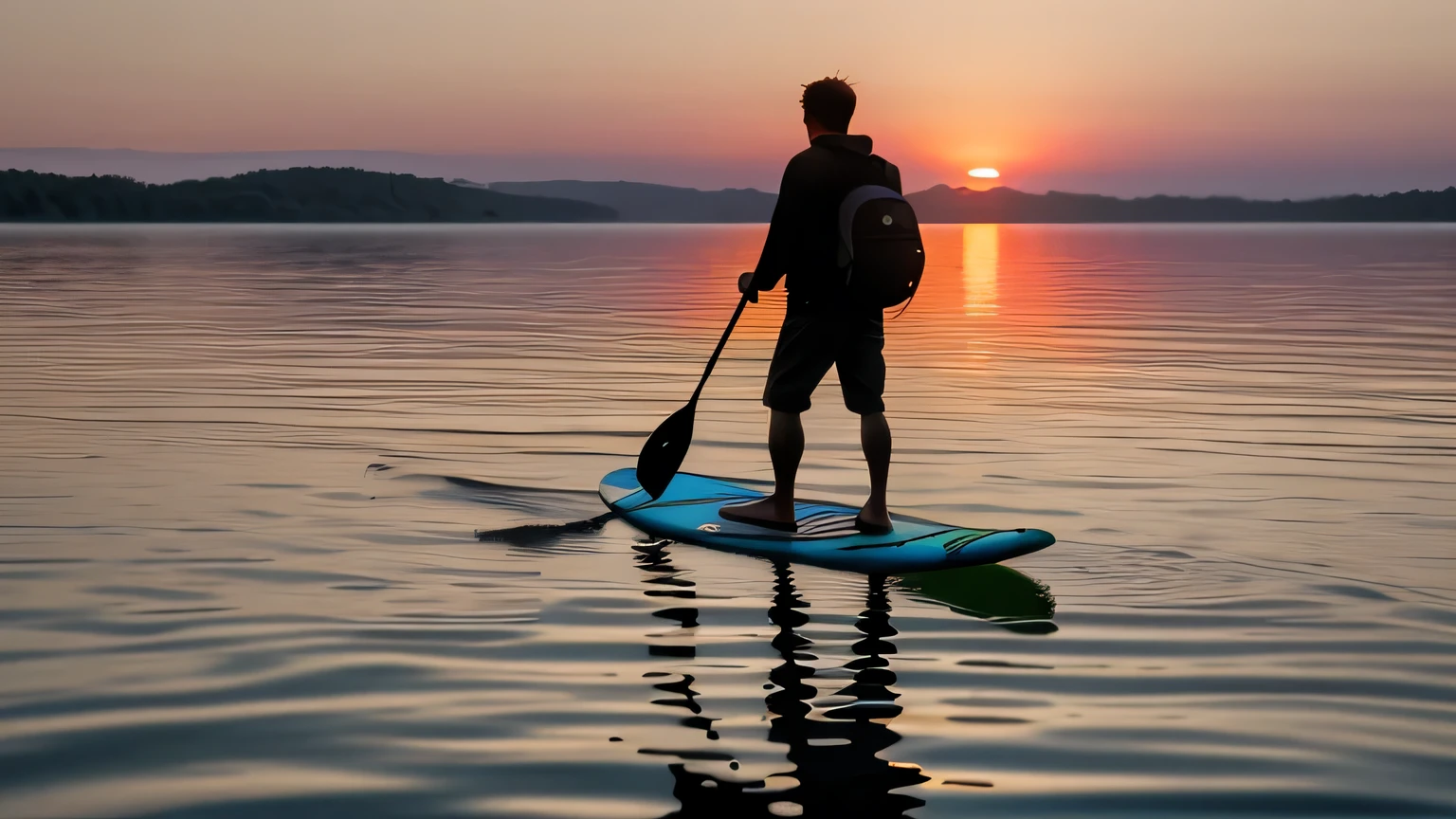 Best quality, masterpiece, ultra high resolution, High detail, (Photorealistic:1.4), RAW photo, stand up paddle, calm surface of the lake, turning a person's back to the lens, sunset, deep shadow, restrained, warm light, distance from the lens by 3/4, full length silhouette of a man