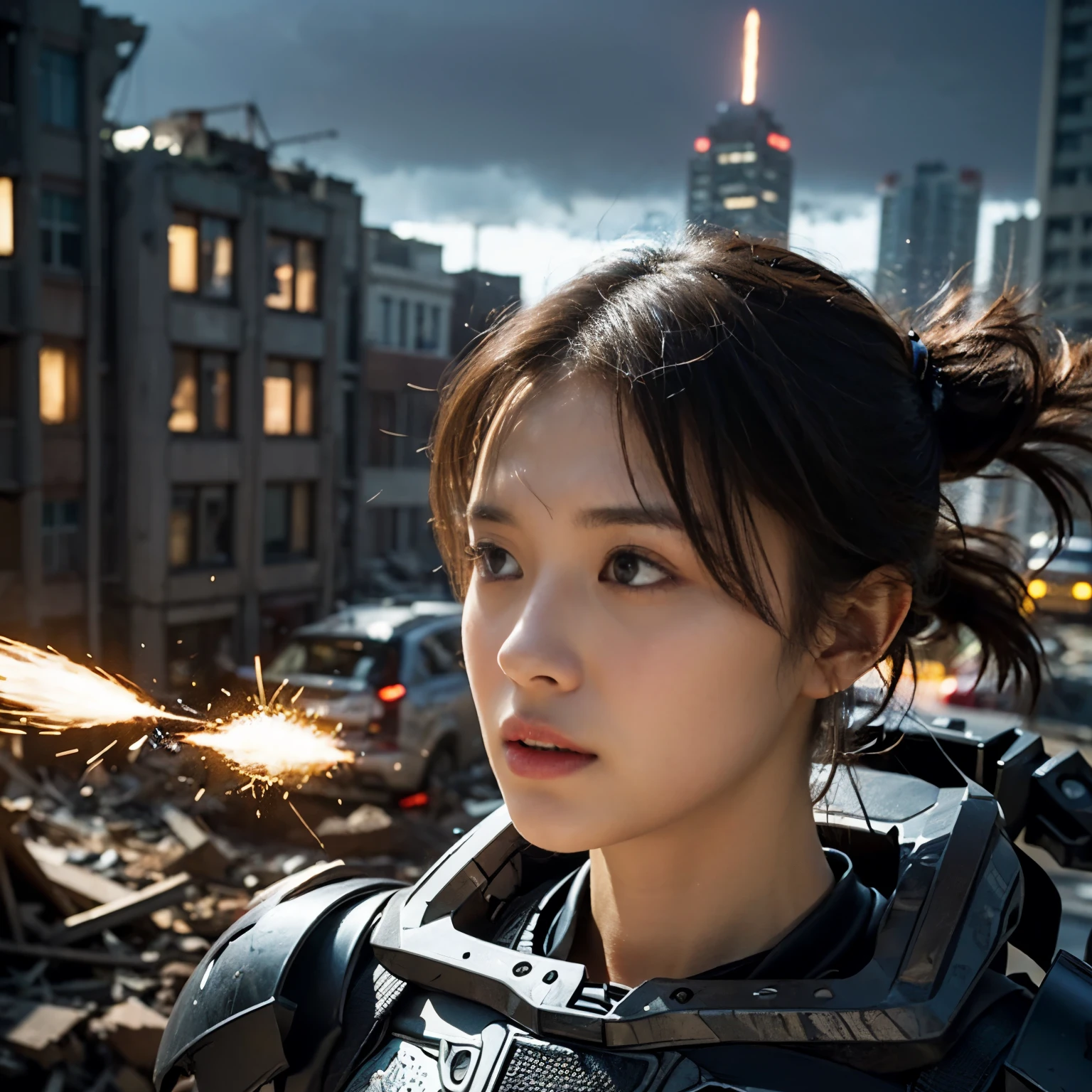 (highest quality、Super detailed、realistic、photorealistic:1.37)、(correct anatomy:1.4)、（one young beautiful japanese woman、Several robots destroying the city）、SF、A woman with telekinetic powers、The space around the woman&#39;s body appears distorted.、destroyed metropolis、Challenge the invaders、urban decline、blazing flame、Collapsing high rise buildings、rising smoke、fierce battle、Flying sparks、swirling rubble、ruined cityscape、futuristic atmosphere、（Articulated, skeletal invader robot shaped like a jellyfish:1.45）、futuristic atmosphere、vivid colors、Otherworldly energy、dynamic composition、Cinematic Lighting、post-apocalyptic setting、determined look、confident attitude、hair fluttering in the wind、shining eyes、shining runes、technologically advanced weapons、epic showdown、Epic scale、Awe-inspiring heroic struggle、Last resistance、dystopian future、Fate, humanity loses its balance、Intense emotions arise
