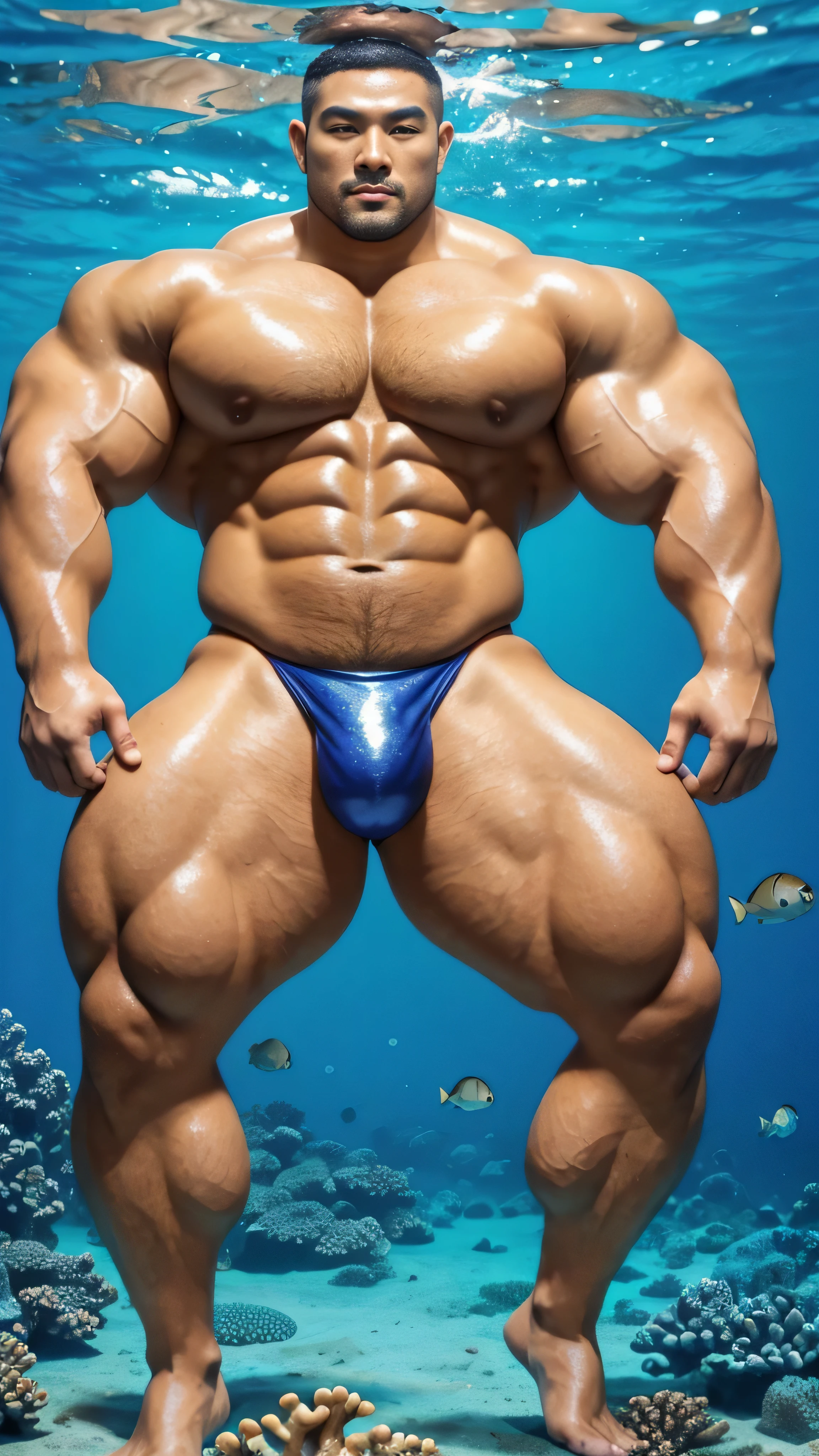 a chinese bodybuilder,30 years old,Tall and handsome, toned body,short hair, O-shaped beard,Perfect body, Dark and shiny complexion,smooth skin,The body is hairless,Muscle bulge, muscular, Very big pecs,Very sexy abs,Leg muscles are very developed,Huge bumpy area,Brighten oily skin,Wearing a gold leather shiny thong,Handsome face, Correct and accurate male body proportions, full-body shot, shiny muscular skin,wear white socks,background (underwater, fish, coral, marine life), ((Breaststroke pose)) ,prospect (bubble, marine life)