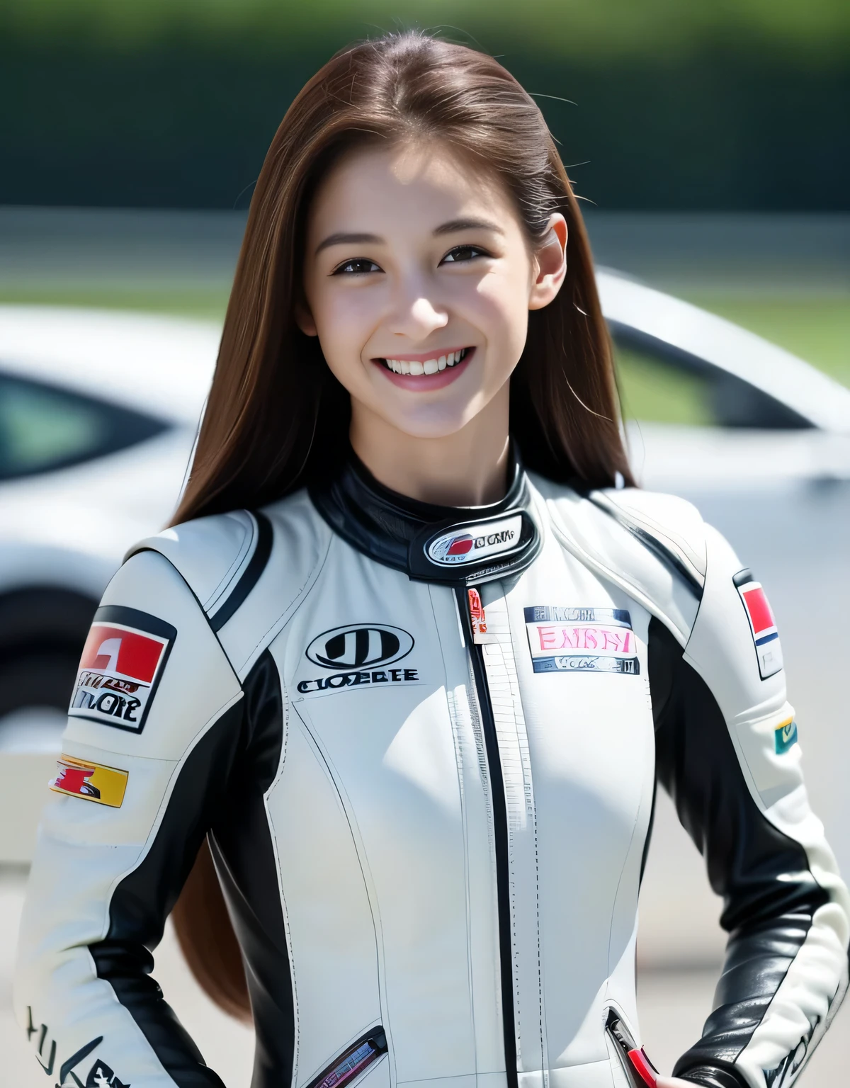 highest image quality、Outstanding details、ultra high resolution、(realistic:1.4)、high detail、Attention to detail、Highly concentrated 1girl、long hair、Exquisite and beautiful face、Dressed in a white leather racing suit、Racing on a black motorcycle、The background is the track、circuit、racer、smile cool
