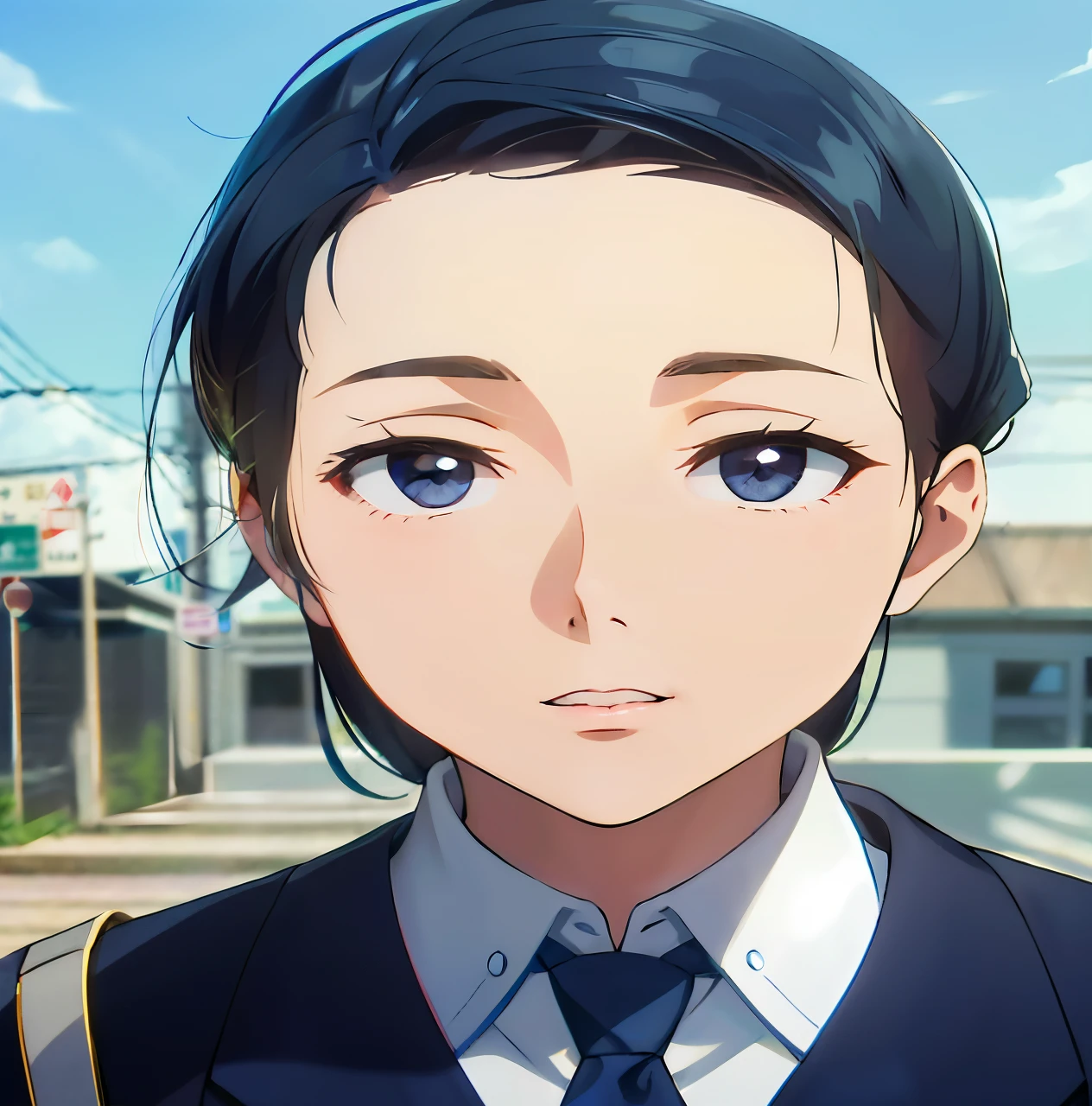 girl with blue eyes looking at camera、uniform、long hair without bangs、In town、parallel eyebrows、