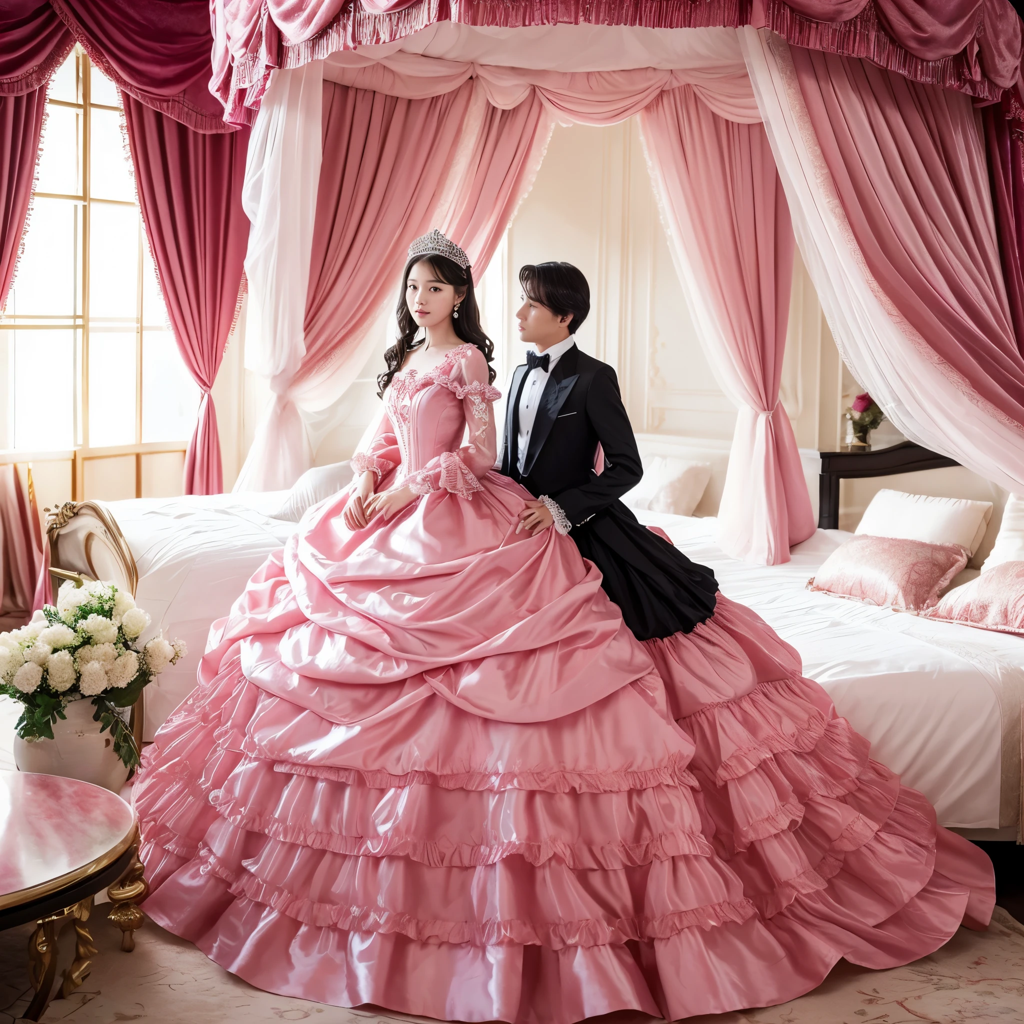 highest quality, masterpiece, highest resolution, artwork, super それにget used to it, many get used to it, get used to it, それにget used to it,,girl, (()),(()),girlはお姫様です,((girly dark pink satin fabric)), long hair that reaches to the waist,((Victorian ball gown dress with plenty of pink ruffles and bows and a voluminous full-length hoop skirt.)),long sleeve,long dress,A dress with lots of frills and ribbons....,luxury,((palace bedroom)),((Huge square victorian canopy king size bed)),(girlがベッドに座っている),lots of frilly pillows,ruffle bed skirt,