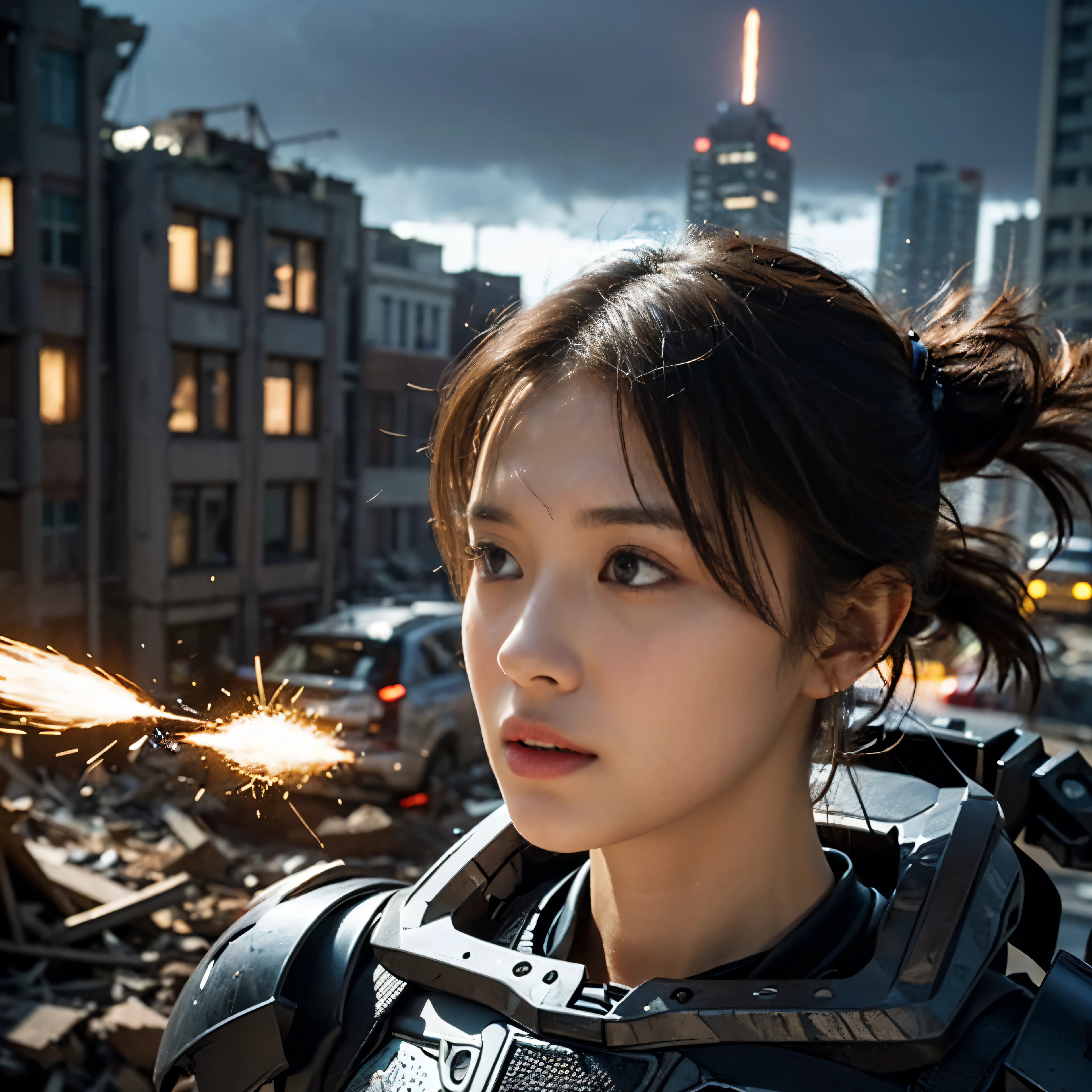 (highest quality、Super detailed、realistic、photorealistic:1.37)、(correct anatomy:1.4)、（one young beautiful japanese woman、Several robots destroying the city）、SF、A woman with telekinetic powers、The space around the woman&#39;s body appears distorted.、destroyed metropolis、Challenge the invaders、urban decline、blazing flame、Collapsing high rise buildings、rising smoke、fierce battle、Flying sparks、swirling rubble、ruined cityscape、futuristic atmosphere、（Articulated, skeletal invader robot shaped like a jellyfish:1.45）、futuristic atmosphere、vivid colors、Otherworldly energy、dynamic composition、Cinematic Lighting、post-apocalyptic setting、determined look、confident attitude、hair fluttering in the wind、shining eyes、shining runes、technologically advanced weapons、epic showdown、Epic scale、Awe-inspiring heroic struggle、Last resistance、dystopian future、Fate, humanity loses its balance、Intense emotions arise
