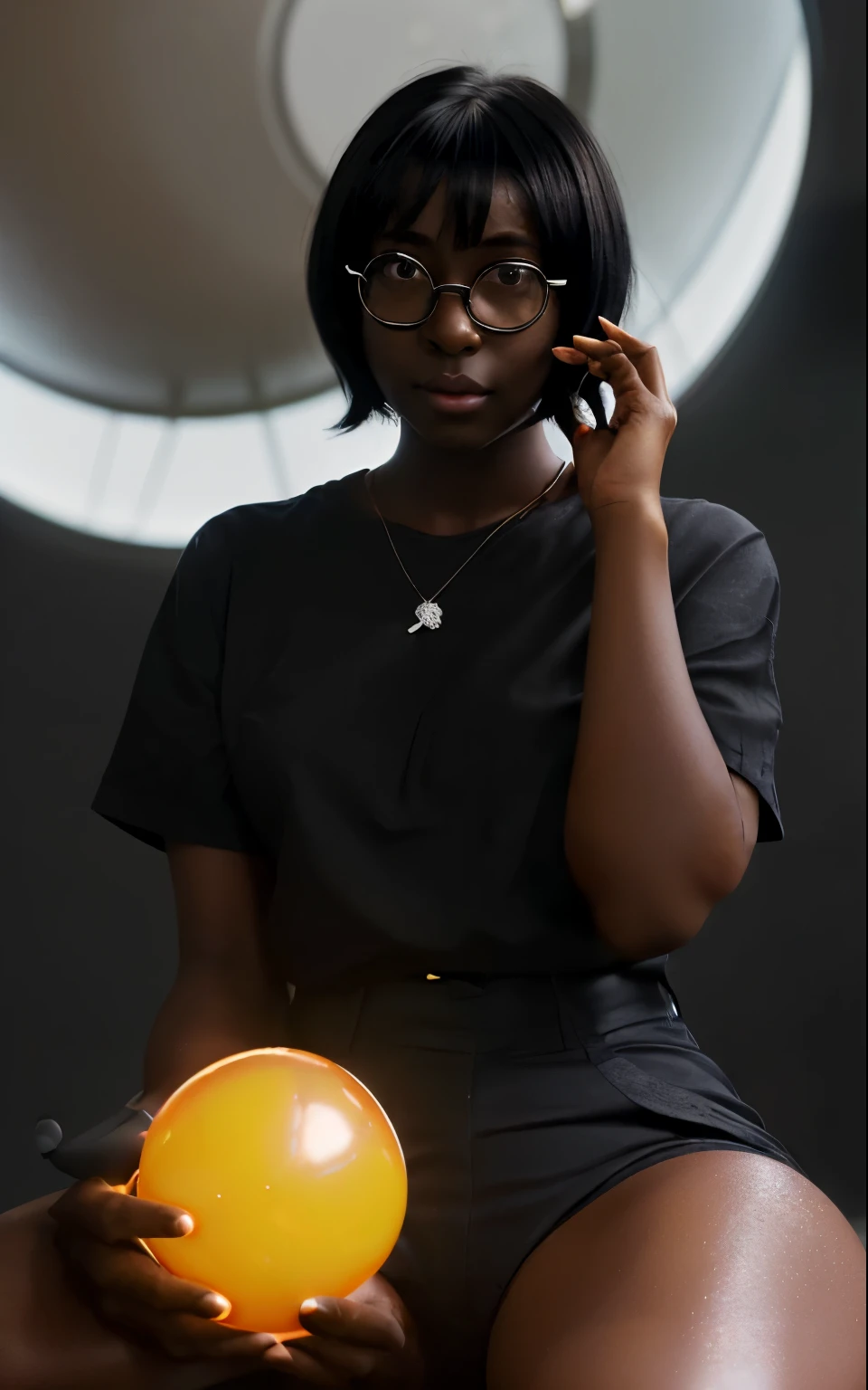 ((1 girl)), anime, short dark hair, dark skin, shiny glasses lenses, the mouth is closed and expresses nothing, is sitting, her hands are holding a glowing ball, while two other glowing spheres orbit around her.