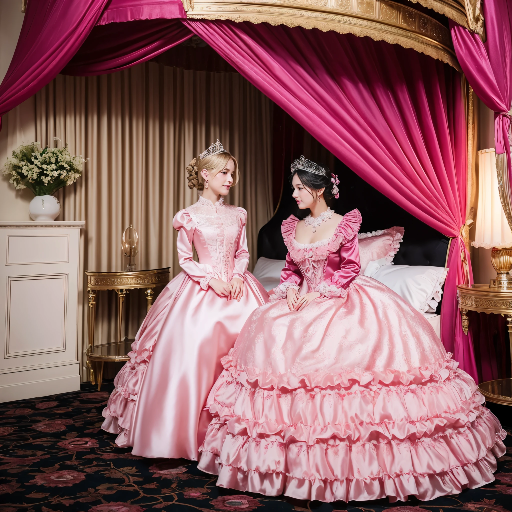 highest quality, masterpiece, highest resolution, artwork, super それにget used to it, many get used to it, get used to it, それにget used to it, romantic,woman, (()),the girl is a princess,((dark pink satin fabric)),pink victorian dress, ((Gorgeous princess rococo ball gown dress with voluminous full-length hoop skirt)),long sleeve,long dress,A dress with lots of frills and ribbons.....,luxury,((palace bedroom)),((huge victorian canopy bed)),silk pink bedspread with ruffles,many pillows on the bed,Fluffy pillow with ruffles,girl is sitting on the bed,luxury ruffled pink curtains,long blonde hair,The whole bed is visible,