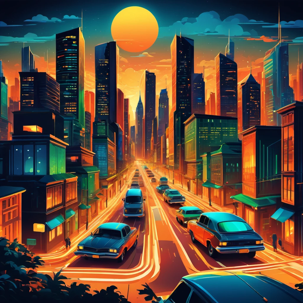 (best quality, highres, ultra sharp), magical ,Vector art of a bustling cityscape at night, high level of detail, vibrant colors, modern style, 4k resolution, dynamic lighting effects, vector art style, art tupu, 70's, 3d crunch, realistic feeling, terrorific scene, people running, panic, cars, buses, dark tones of orange , blue gray, brown, green, yellow, white, and black, vectored city,