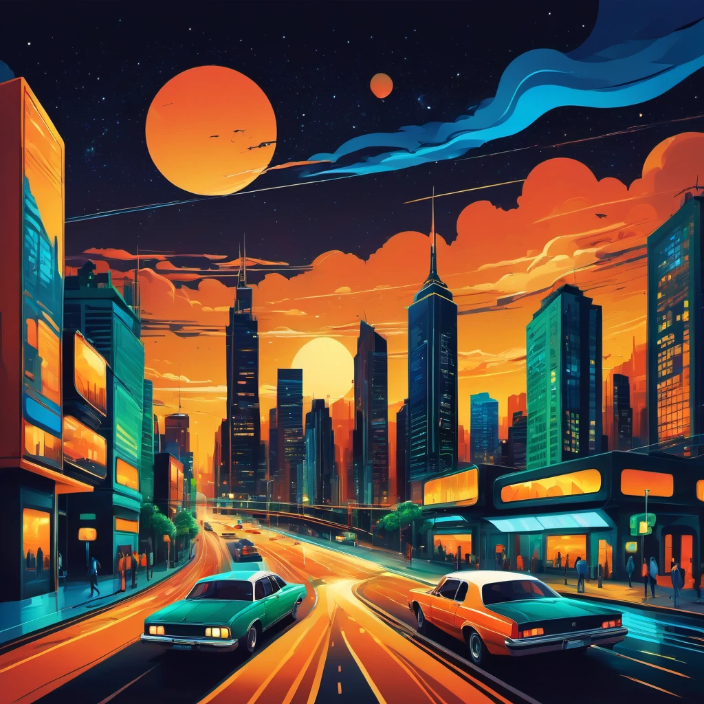 (best quality, highres, ultra sharp), magical ,Vector art of a bustling cityscape at night, high level of detail, vibrant colors, modern style, 4k resolution, dynamic lighting effects, vector art style, art tupu, 70's, 3d crunch, realistic feeling, terrorific scene, people running, panic, cars, buses, dark tones of orange , blue gray, brown, green, yellow, white, and black, vectored city,