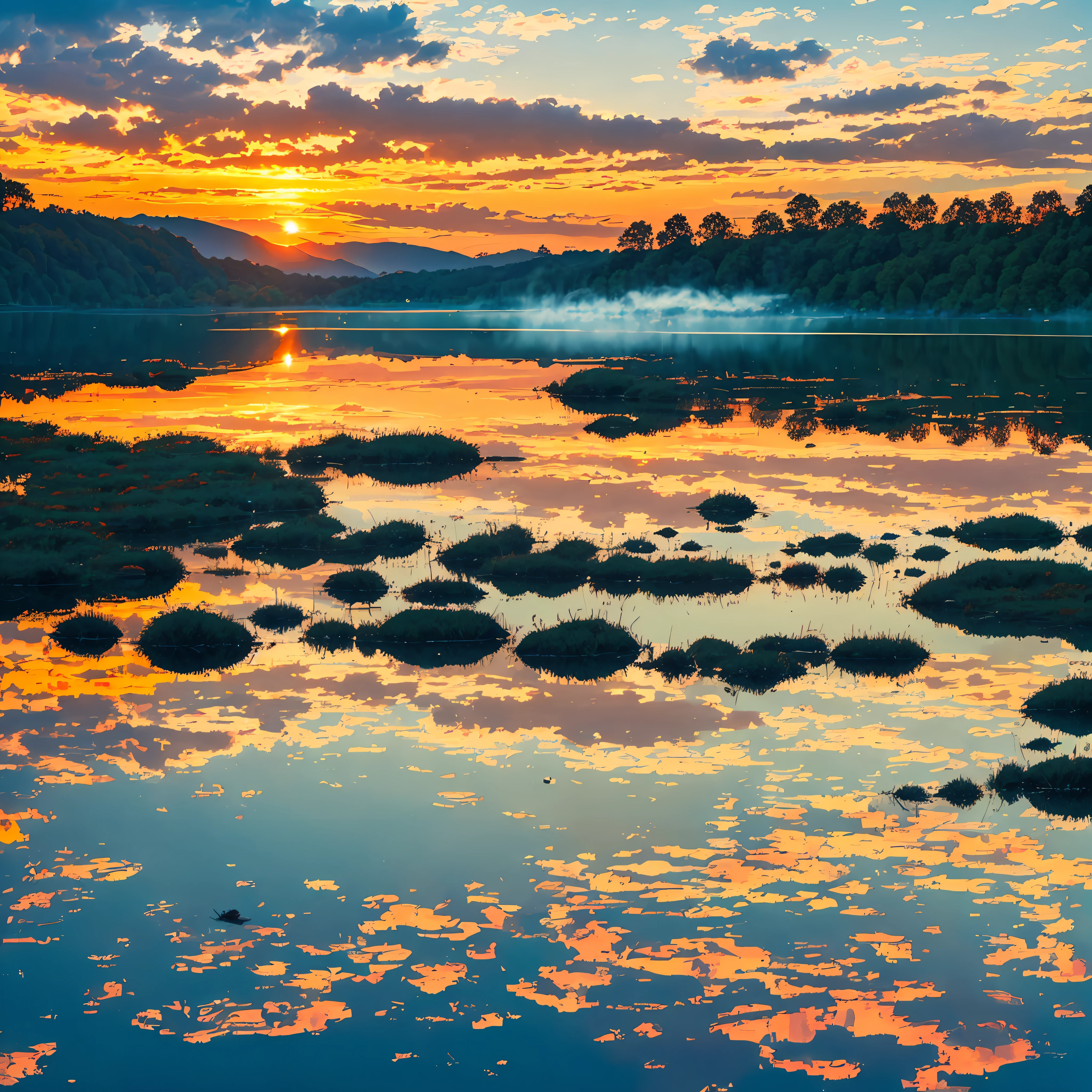 (paysage) Lac magnifique: l&#39;afternoon reflecting the sun with colors: bleus, des oranges, jaunes, rouges et fumées --auto