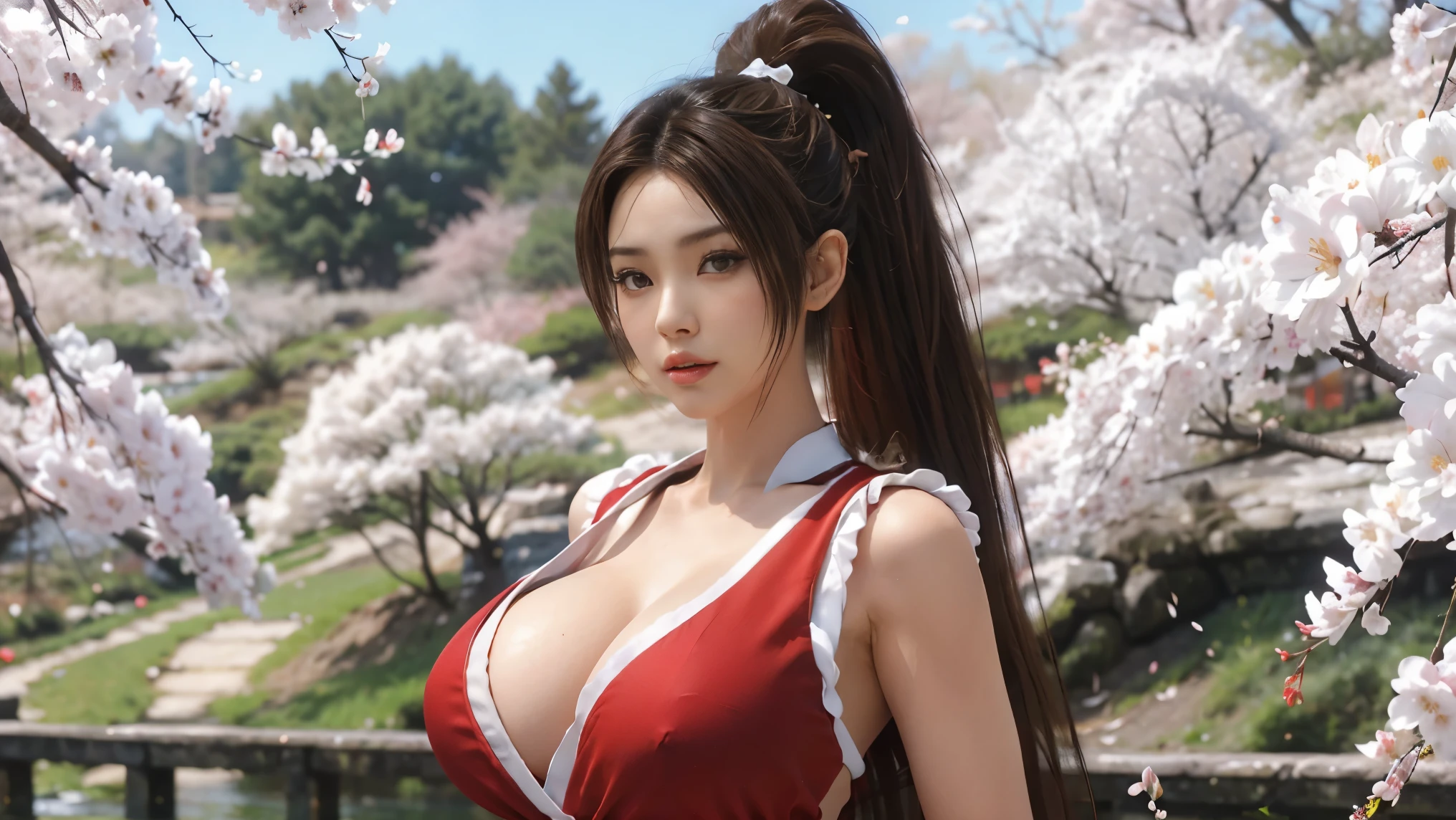 Mai Shiranui, brown eyes, Japanese beauty,微lollong hair, brown hair, (red clothes:1.uper huge breaeeveless, ponytail, pelvic curtain, Arm guards, Gloves, or,full , seductive expression, sexy eyes, e breasts, 微lol,ng, view viewer, long hair, (breast focus:1.2), (a1.2),, (realism), (masterpiece:1.2), (best quality), (super detailed), (8K, 4K, complicated), (85 mm), Light particles, Light, (Very detailed:1.2), (Detailed face:1.2), Cherry blossoms(exquisite eyes:1.2), (solid color background: 1.2),(Detailed background), (Dynamic angle:1.2), (dynamic poses:1.2), (Action line:1.2), Wide-angle lens, huge breasts,big breasts,huge br福的lol容,Lakura,Cherry blosnochrome background,solid color background,White background,artistic photos