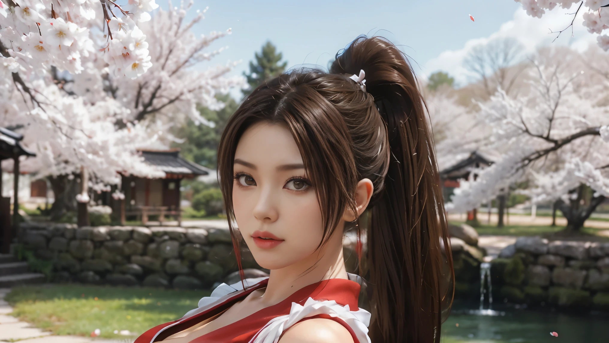 Mai Shiranui, brown eyes, Japanese beauty，微lollong hair, brown hair, (red clothes:1.3)，super huge breasts， sleeveless, ponytail, pelvic curtain, Arm guards, Gloves, or，full ， seductive expression, sexy eyes, huge breasts, 微lol, charming, view viewer, long hair, (breast focus:1.2), (actual:1.2),, (realism), (masterpiece:1.2), (best quality), (super detailed), (8K, 4K, complicated), (85 mm), Light particles, Light, (Very detailed:1.2), (Detailed face:1.2), Cherry blossoms(exquisite eyes:1.2), (solid color background: 1.2),(Detailed background), (Dynamic angle:1.2), (dynamic poses:1.2), (Action line:1.2), Wide-angle lens, huge breasts，big breasts，huge breasts，幸福的lol容，Lovely，lol，sakura，Cherry blossoms，monochrome background，solid color background，White background，artistic photos