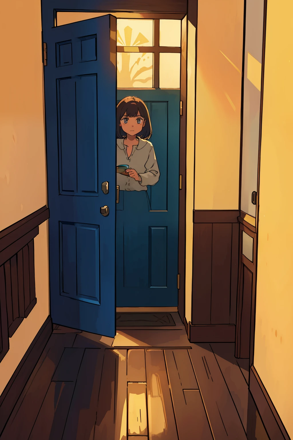 Opening dramatically, the room door is depicted with stunning detail in this illustration. Its texture is intricately rendered, the wood grain visible even in the closest inspection. The door handle is meticulously drawn, its metallic sheen reflecting the light in the room. The door itself is slightly ajar, revealing a hint of the vibrant colors and warm lighting that lies beyond. The shadows cast by the door frame add depth and dimension, creating a sense of mystery and anticipation. The room door in this picture is a masterful blend of sharp focus and vivid colors, inviting the viewer to step inside and explore the wonders that await.