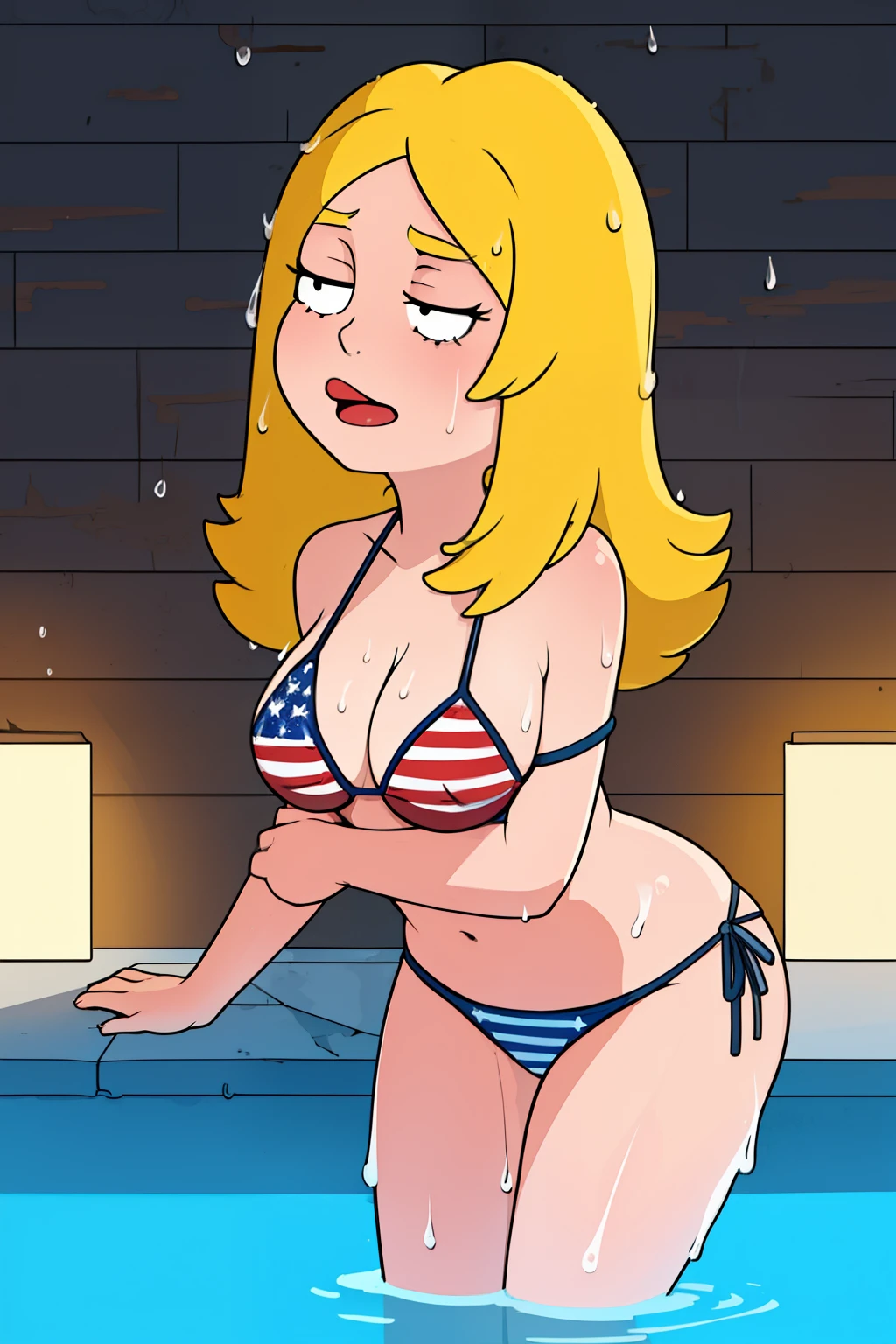 1girl,
american flag bikini, leaning forward,
masterpiece, best quality, highly detailed, detblonde hair, wet hair, wet body,