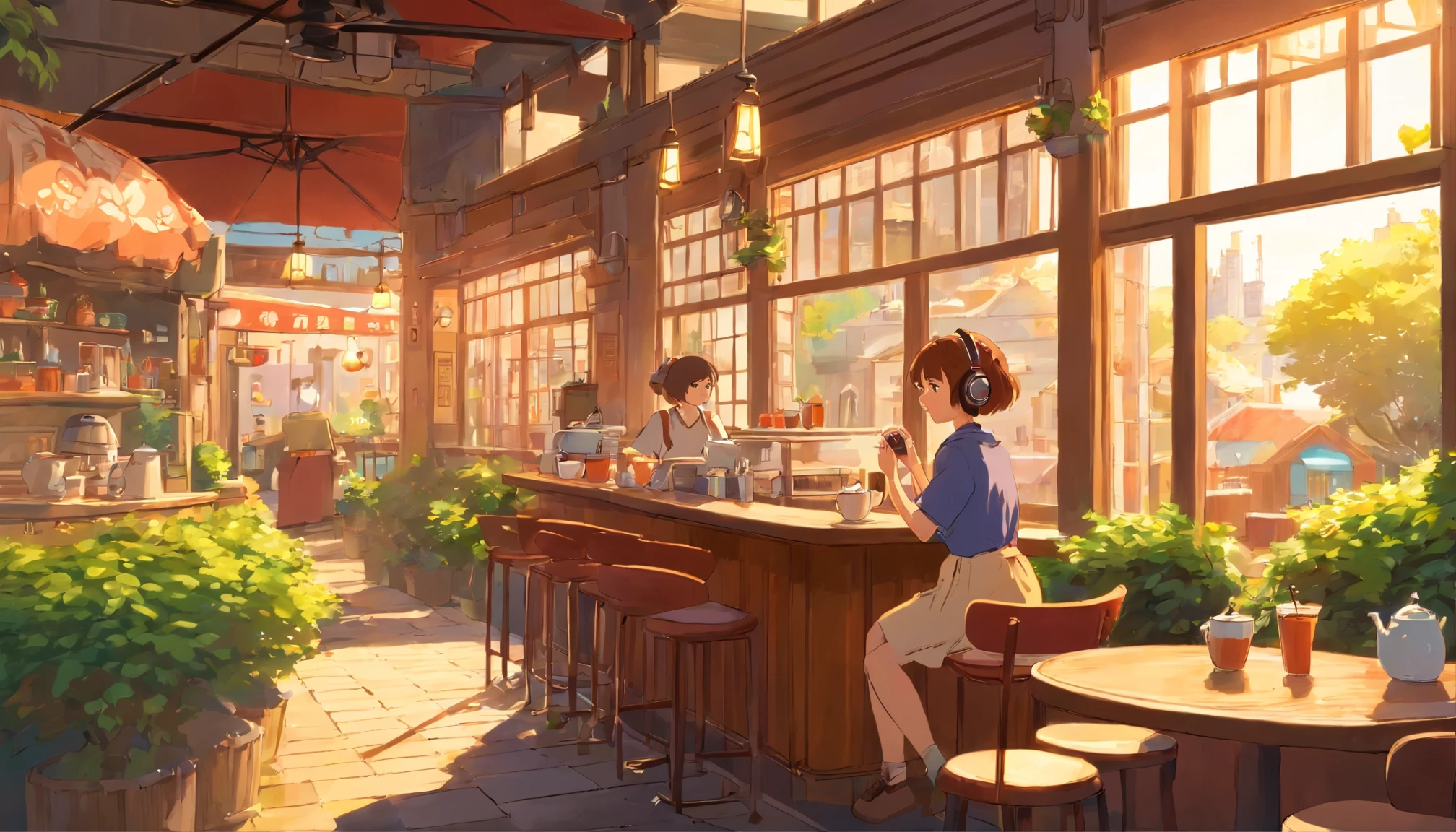 Urban cafe with terrace,wide々and in a space with , woman drinking coffee , wearing headphones , studio ghibli animation , warm sunshine , masterpiece