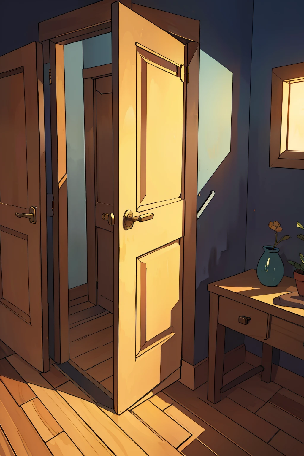 Opening dramatically, the room door is depicted with stunning detail in this illustration. Its texture is intricately rendered, the wood grain visible even in the closest inspection. The door handle is meticulously drawn, its metallic sheen reflecting the light in the room. The door itself is slightly ajar, revealing a hint of the vibrant colors and warm lighting that lies beyond. The shadows cast by the door frame add depth and dimension, creating a sense of mystery and anticipation. The room door in this picture is a masterful blend of sharp focus and vivid colors, inviting the viewer to step inside and explore the wonders that await.