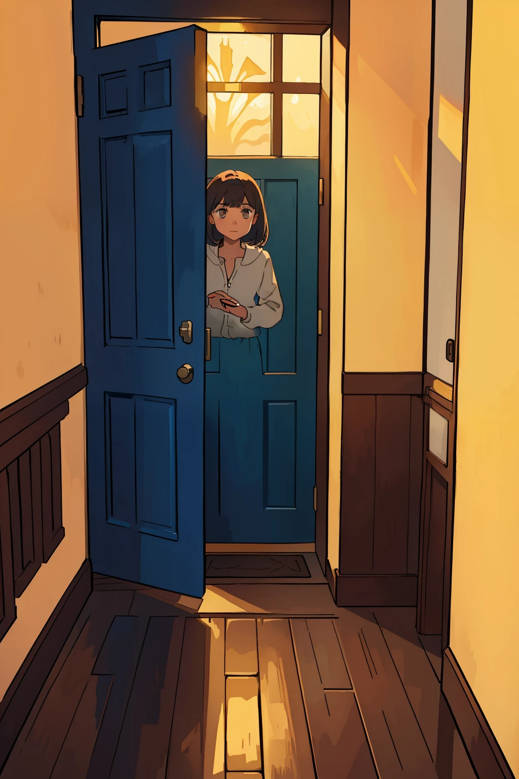 Opening dramatically, the room door is depicted with stunning detail in this illustration. Its texture is intricately rendered, the wood grain visible even in the closest inspection. The door handle is meticulously drawn, its metallic sheen reflecting the light in the room. The door itself is slightly ajar, revealing a hint of the vibrant colors and warm lighting that lies beyond. The shadows cast by the door frame add depth and dimension, creating a sense of mystery and anticipation. The room door in this picture is a masterful blend of sharp focus and vivid colors, inviting the viewer to step inside and explore the wonders that await.