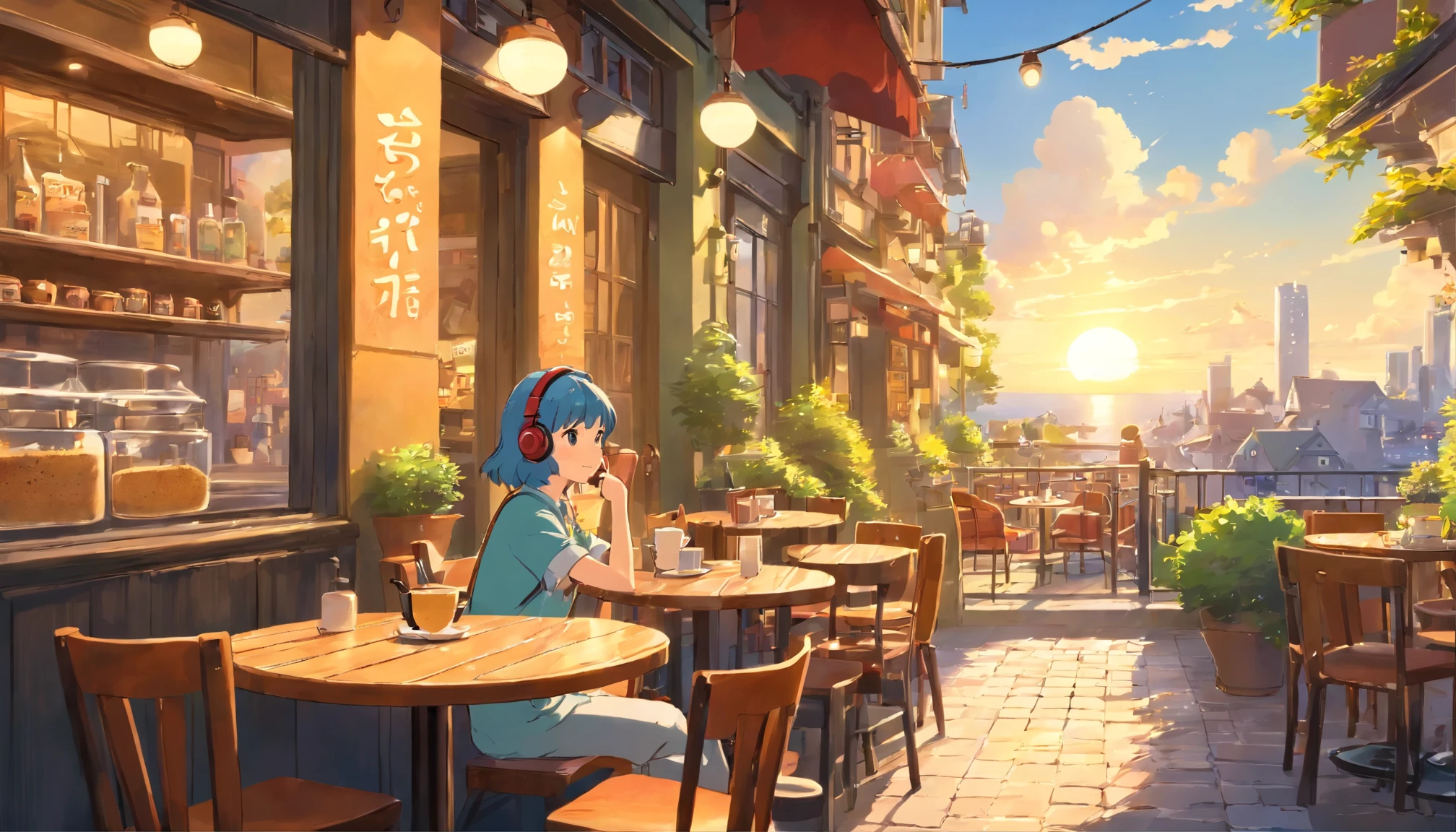 Urban cafe with terrace,wide々and in a space with , woman drinking coffee , wearing headphones , studio ghibli animation , warm sunshine , masterpiece