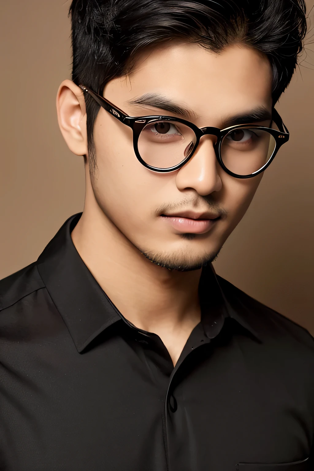  Photorealsitic, A Bangladeshi handsome, a 21-year-old man wearing spectacle, shirt,  Chuby face,no beard in face,detailed face details, spikey haircut, black panjabi,