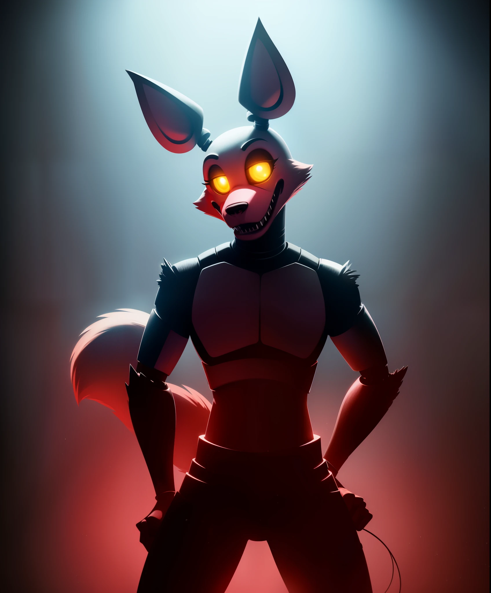 manglefnaf, furry male, robot,  speaker, standing, hands on hips, portrait, solo, (best quality), (abstract torn background:1.1), dramatic lighting, (horror scene:1.2), looking at viewer, (tail:1.2), teeth, glowing eyes, fists,