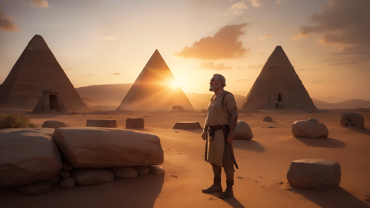 Photo of Carvi, a character standing before the pyramid stones, (Middle-aged man:1.5), ((Detailed face:1.2)), ((rugged features, weathered skin, deeply lined face)), (wearing a simple tunic), hands on hips, (intense gaze), surrounded by ancient pyramid stones, (desert environment), Sun setting in the background, Orange and red colors dominating the scene, Detailed shadowing and textures on the pyramid stones, Realistic rendering of the scene, Best Quality, Ultra-high resolution, Hyper-realistic image, Sharp focus, Professional photoshoot, Cinematic lighting, Moody atmosphere, R