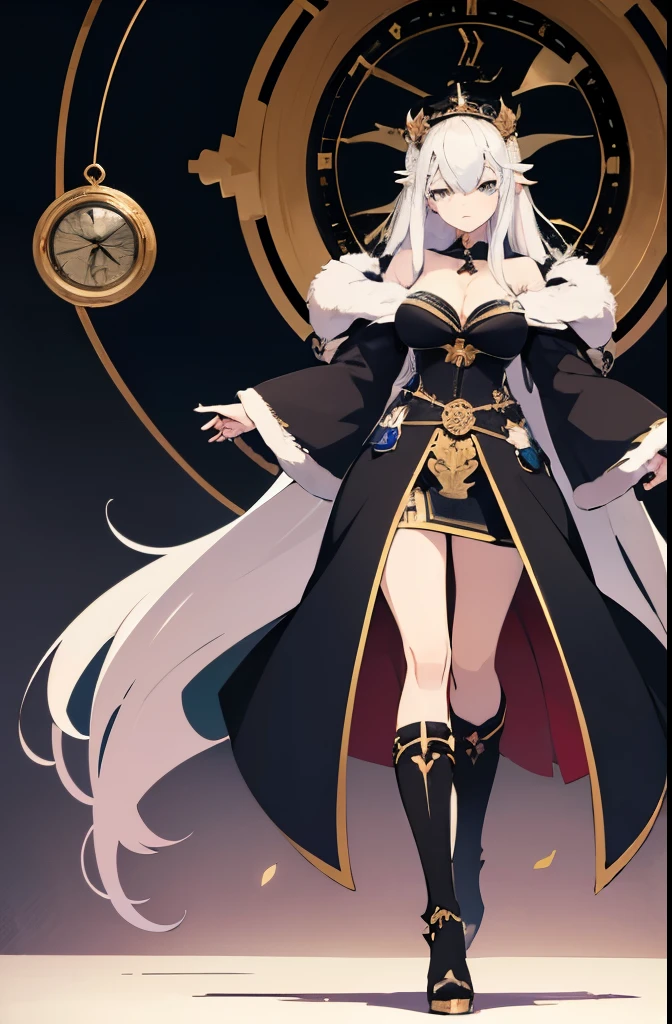 ((best quality)), ((masterpiece)), (detailed), perfect face, long white hair, goddess of magic and time, witch queen, anime sorceress, low cut robe, low cut big cleavage, clock motif, magical tentacles, clock face in the sky, anime, epic, black robe with fur and raven feathers, slim yet busty, open front skirt, cloak, white eyes, hime cut hair, anime, hentai empress, slim waist large breasts, empress crown, elf hentai body, full body shot, floating in front of a clock, kuroinu olga discordia, tall high heel boots,