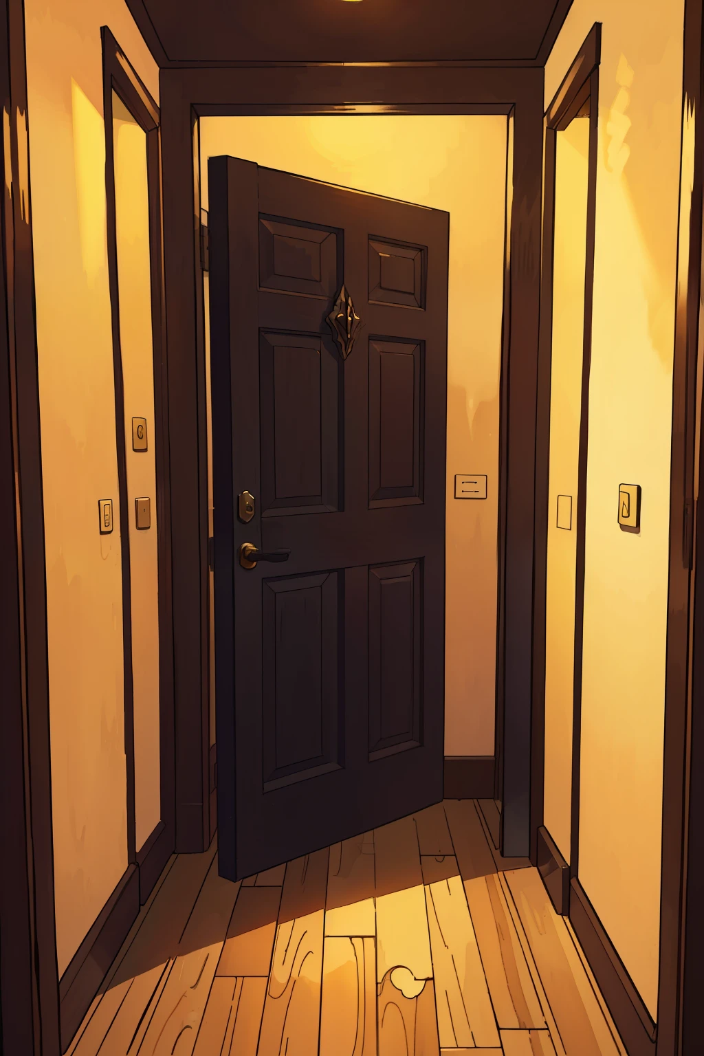 Opening dramatically, the room door is depicted with stunning detail in this illustration. Its texture is intricately rendered, the wood grain visible even in the closest inspection. The door handle is meticulously drawn, its metallic sheen reflecting the light in the room. The door itself is slightly ajar, revealing a hint of the vibrant colors and warm lighting that lies beyond. The shadows cast by the door frame add depth and dimension, creating a sense of mystery and anticipation. The room door in this picture is a masterful blend of sharp focus and vivid colors, inviting the viewer to step inside and explore the wonders that await.