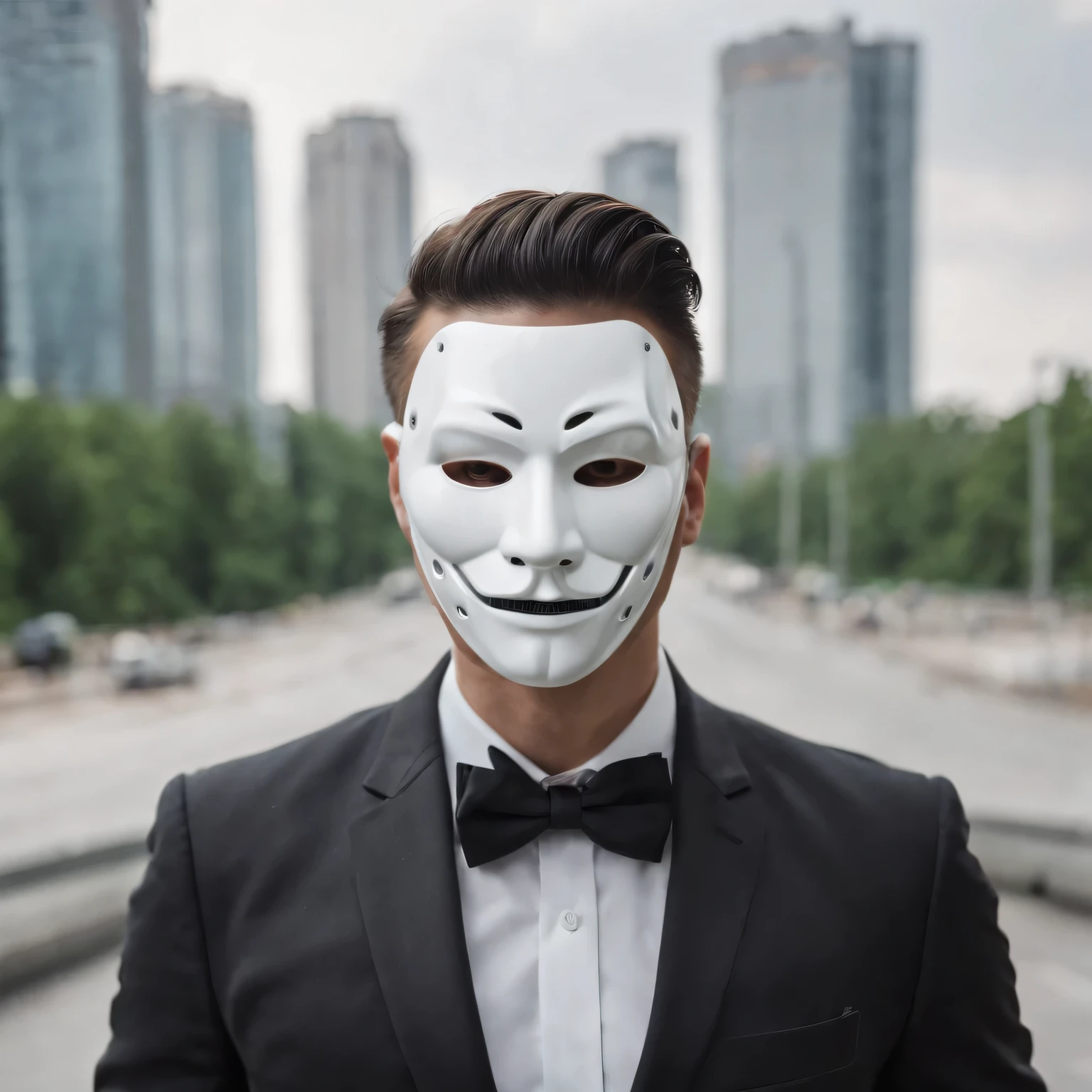 The man in black suit, wear a white High-Rise Invasion mask, cool hair styles,cool, gentleman, friendly,Mysterious, dangerous