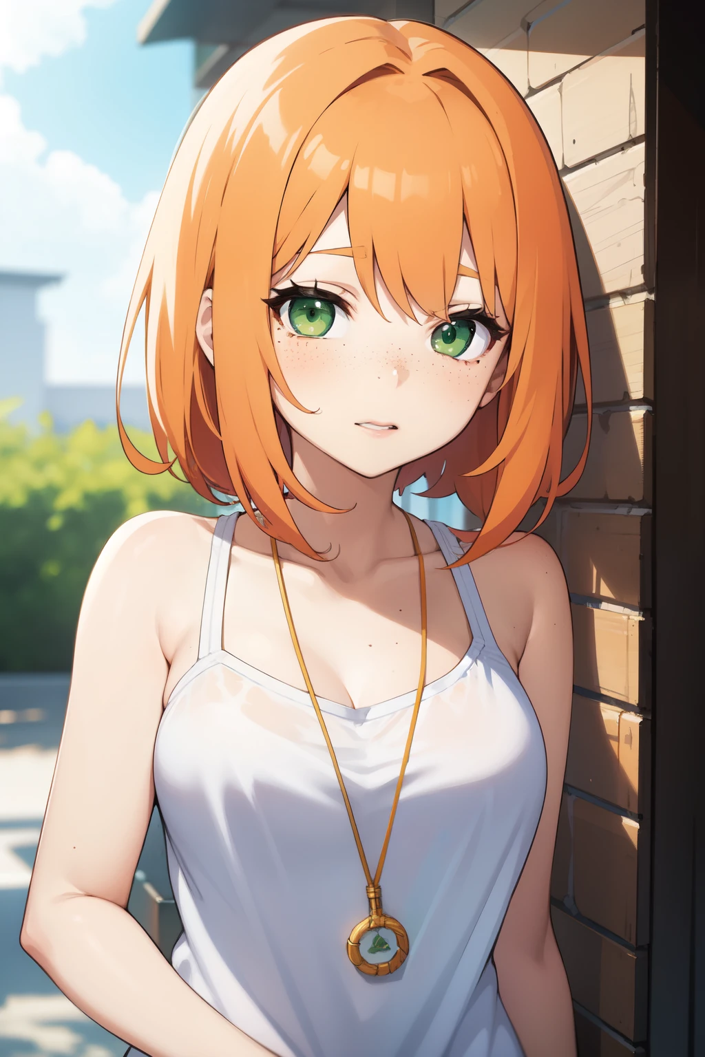Anime Style, Pretty Girl, Orange Hair and Green Eyes, Light Freckles on Face, Casual Clothes, Summer Camp, Sensual Body, Big