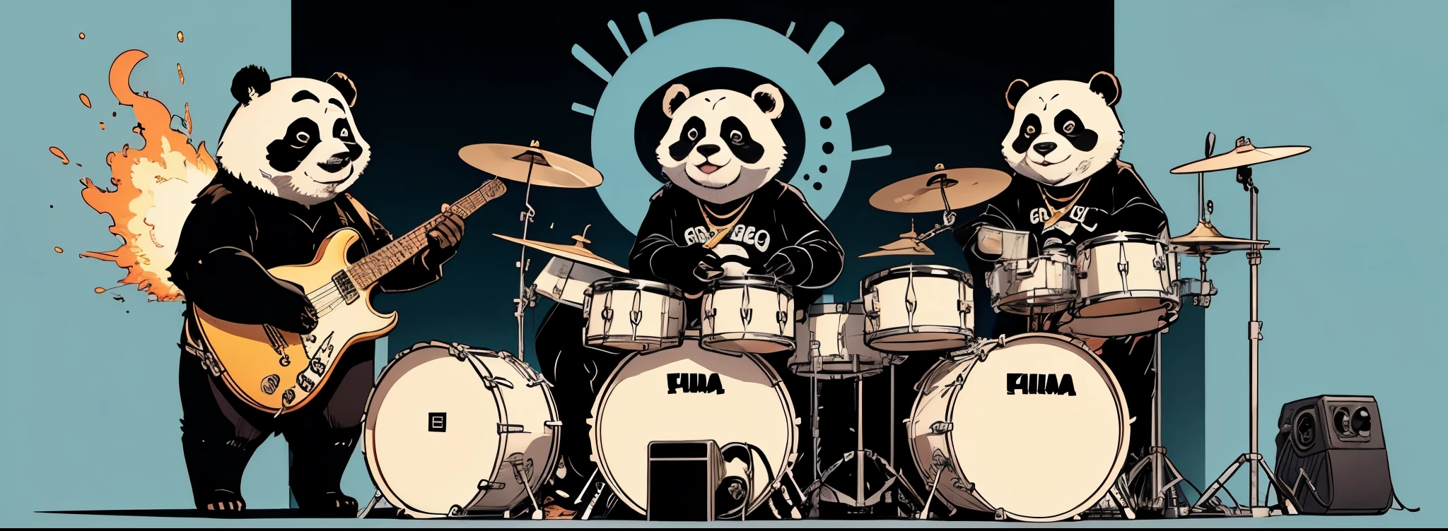 lineup, character char(masterpiece, best quality)cute giant panda（panda）正在敲drum set[modern percussion instruments：drum set（Five-drum system）]；Wearing an oversized T-shirt（There are Chinese elements），With a big gold chain tag，sunglasses，reference：kungfu Panda。Notice：occlusion。blue background。Background rendering atmosphere，Color coordination；Explosive effect，Cool。Rich in details。Poster cover，illustration style，comic style，American comics，print style，Stroke，line drawing，thick lines。