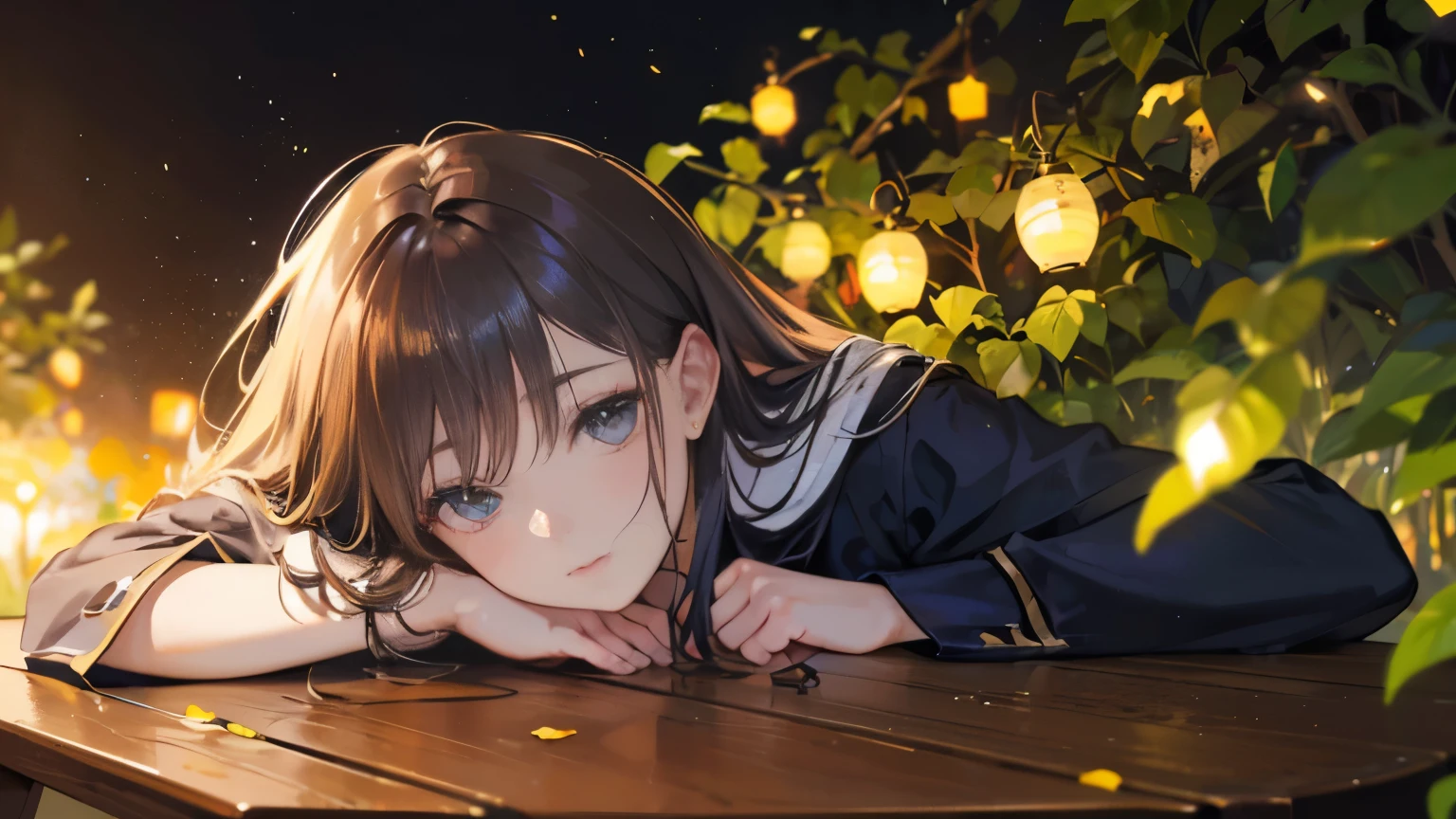 (8K, top quality, table top: 1.2), (realistic, realistic: 1.37), Super detailed, one girl, Wide-angle angle of view, firefly garden, There are lots of tiny lights and fireflies flying around, night