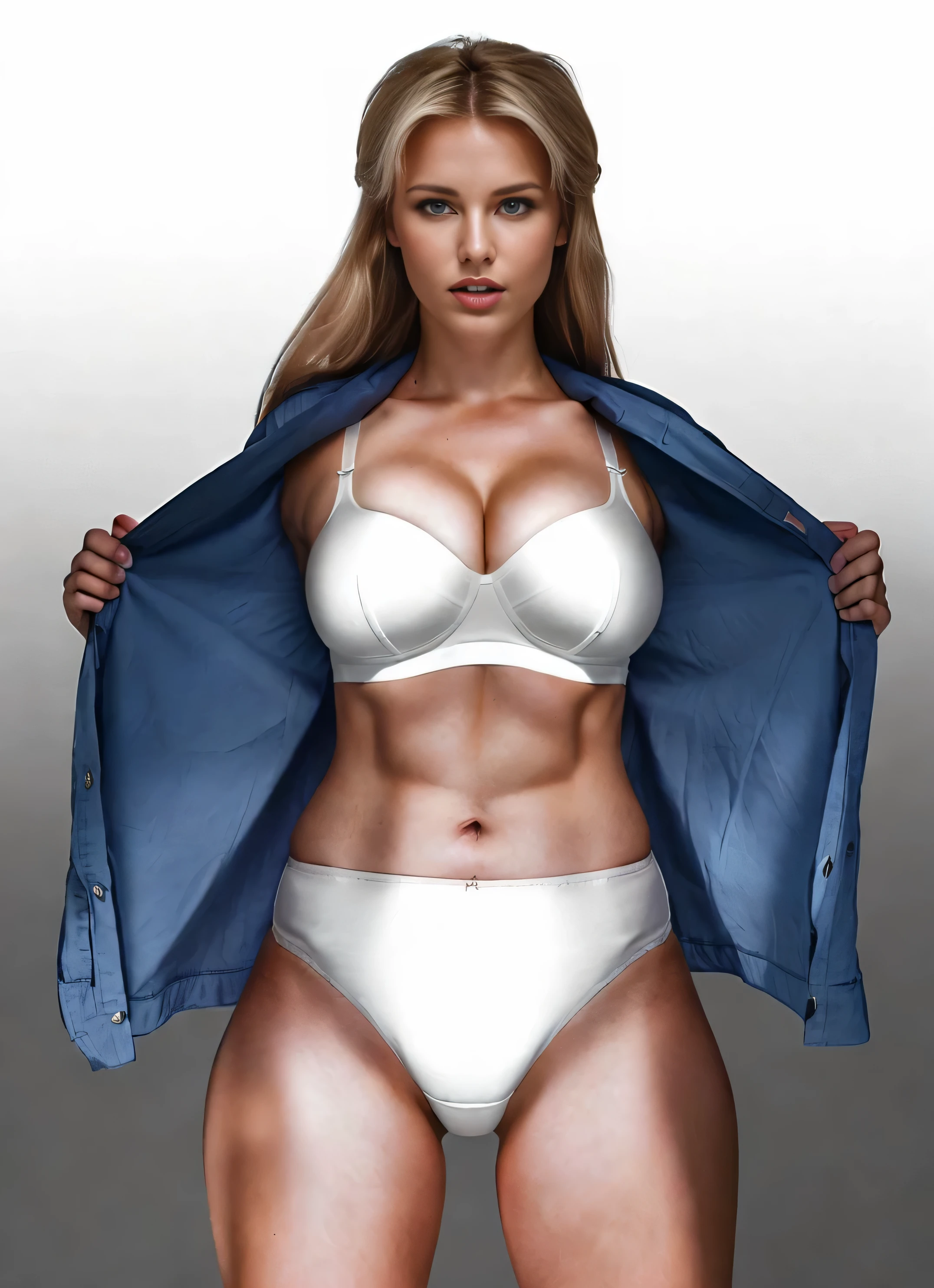 ((masterpiece, best quality)), ((29 year old)), (((Curvy))), ((Buff)), ((Norwegian woman with long blonde hair)), opening up blue shirt to reveal, ((white high cut cotton panties)), white bra, ((Blowing pink bubble-gum)), (((photo realistic)))