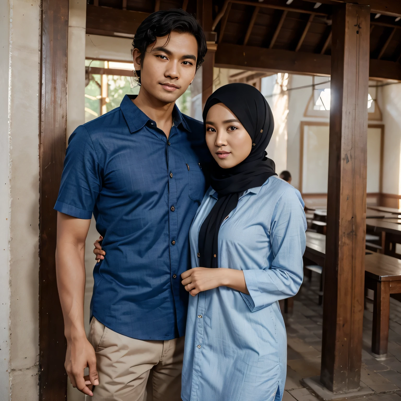 A Indonesian man short messy curling hair and Korean hijab girl, namaste, embracing, he has a friendly and approachable look with short, casually styled hair, and a warm smirks, Dressed in a smart-casual style, he wears a blue button-down shirt with the sleeves rolled up to the forearms, showing practicality and readiness to work, mosque as background, ultra fine photos, Best quality, Ultra-high resolution, Realistic, Sunny, full-body portraits, 